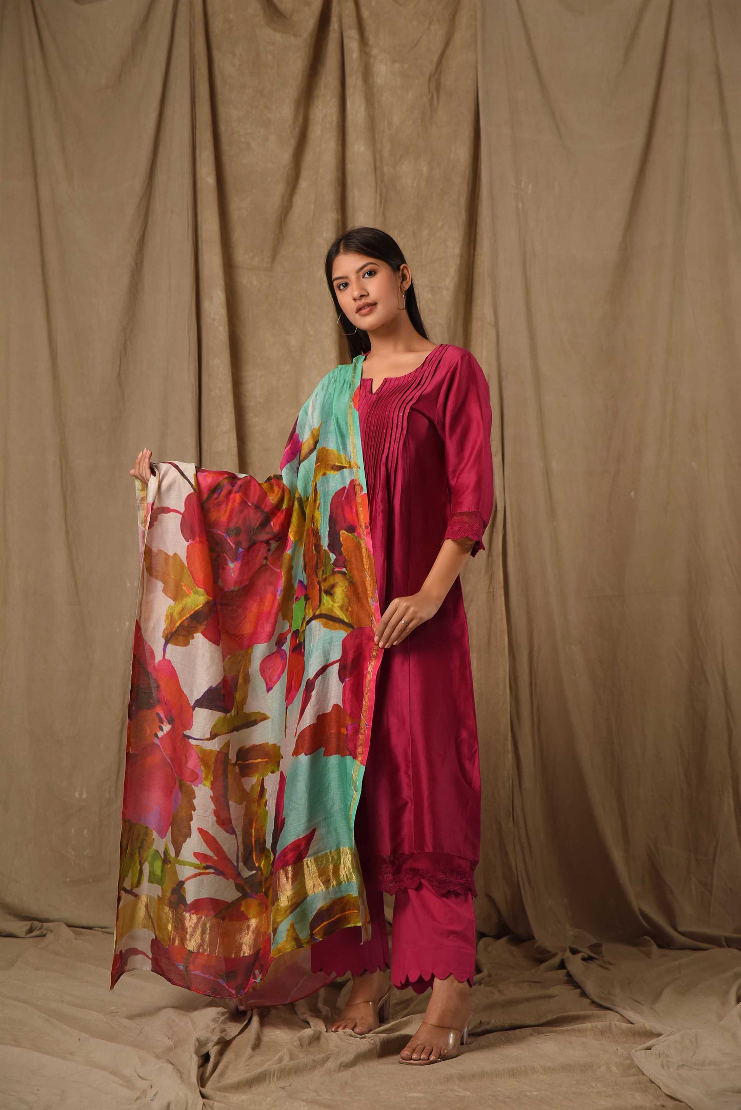 Deep Magenta Pintucks Suit Set