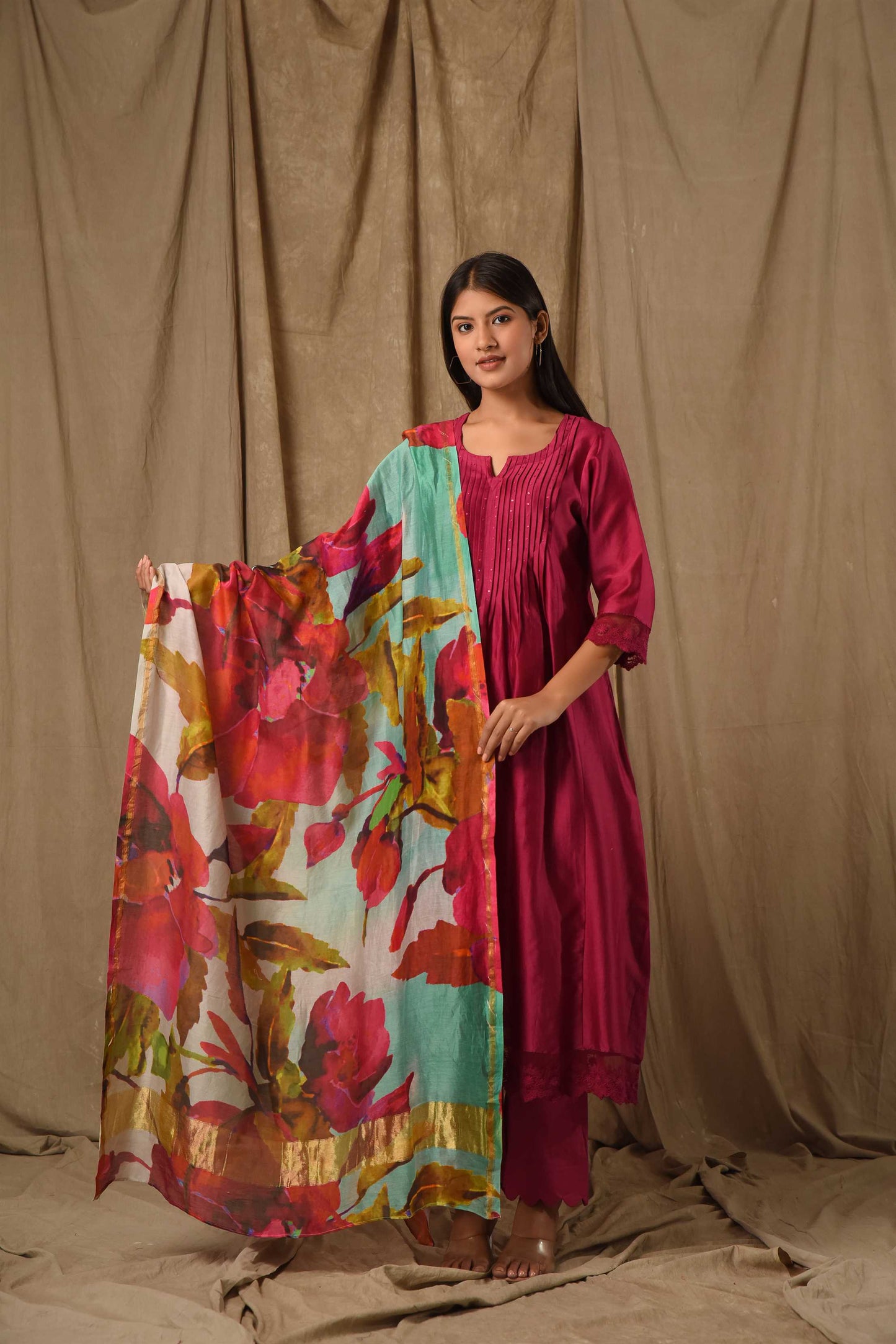Deep Magenta Pintucks Suit Set