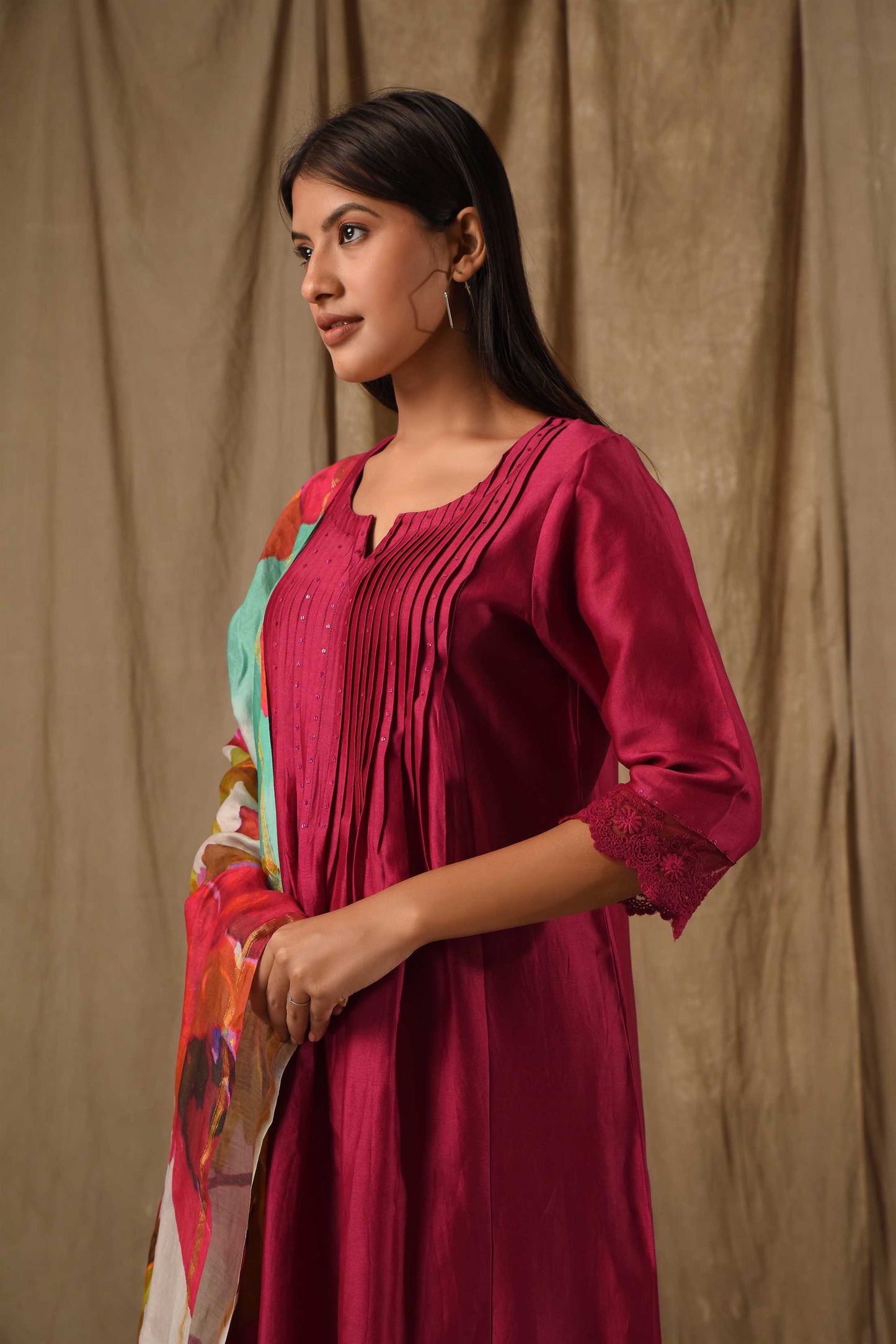 Deep Magenta Pintucks Suit Set
