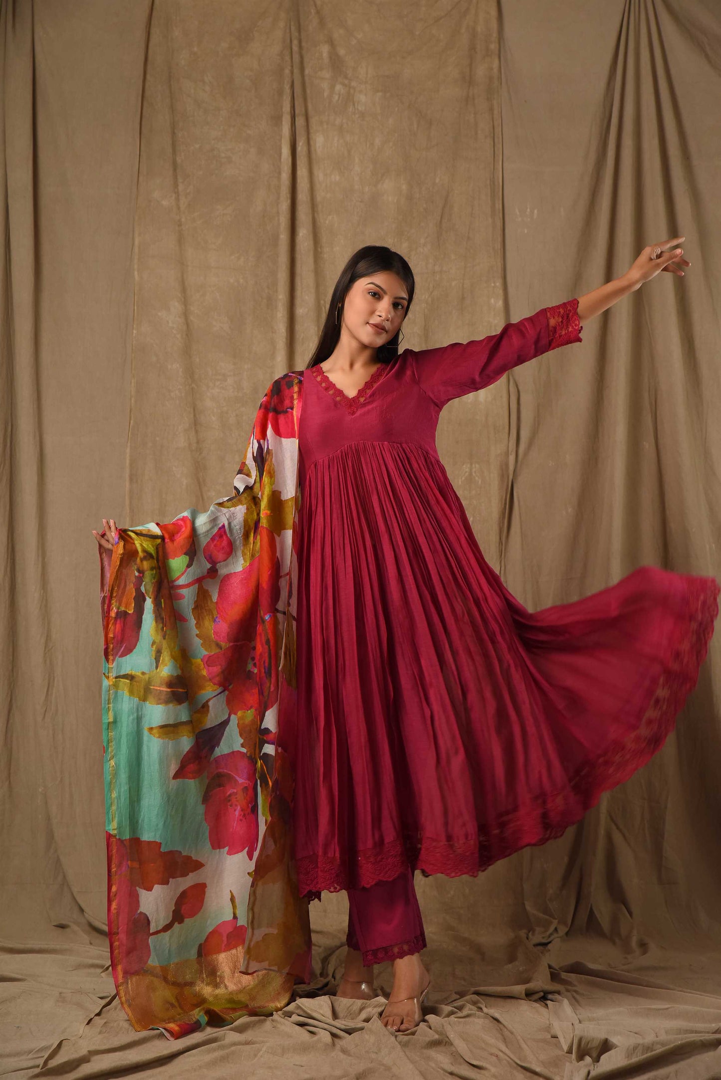Deep Magenta Anarkali With Digitally Printed Dupatta