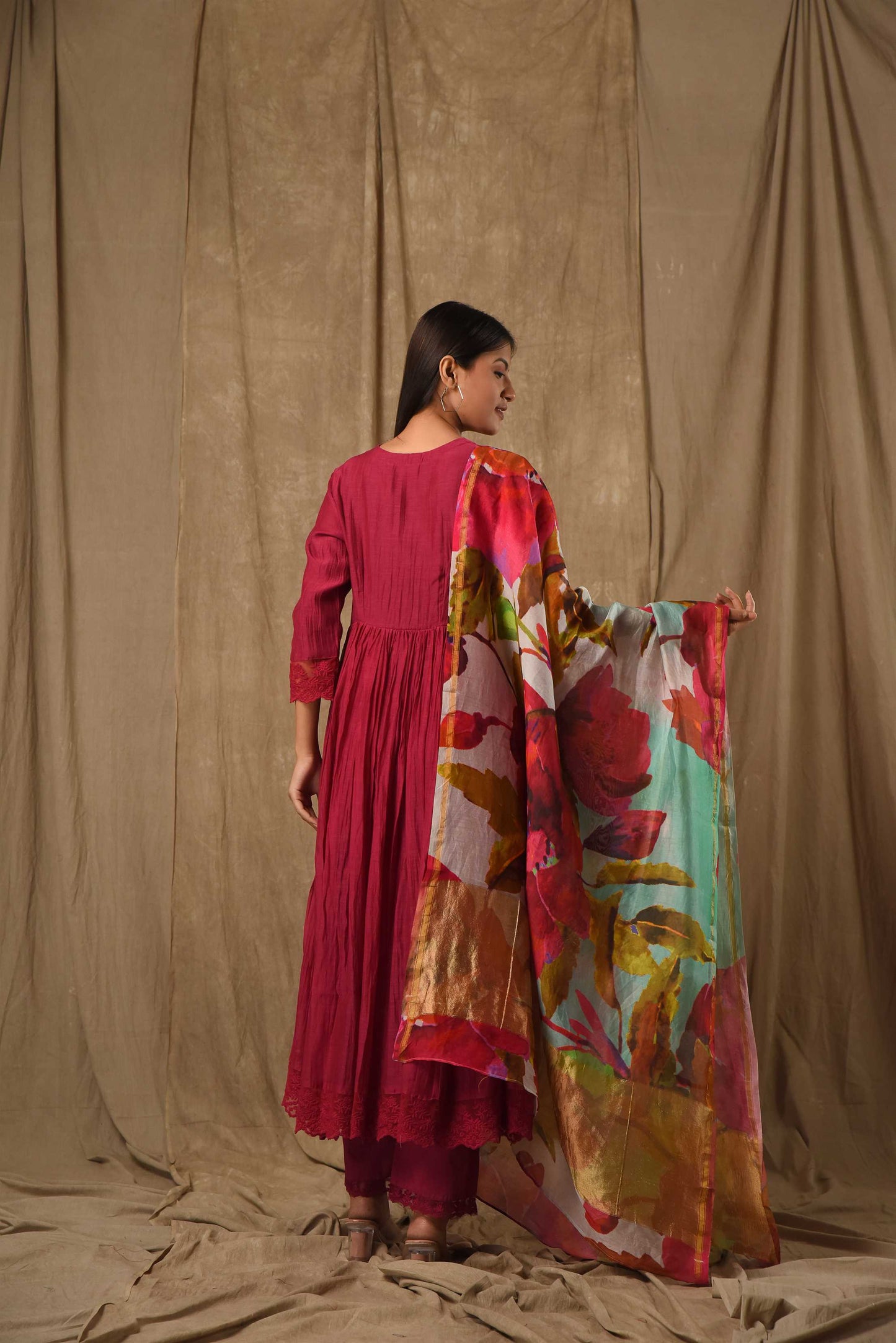 Deep Magenta Anarkali With Digitally Printed Dupatta