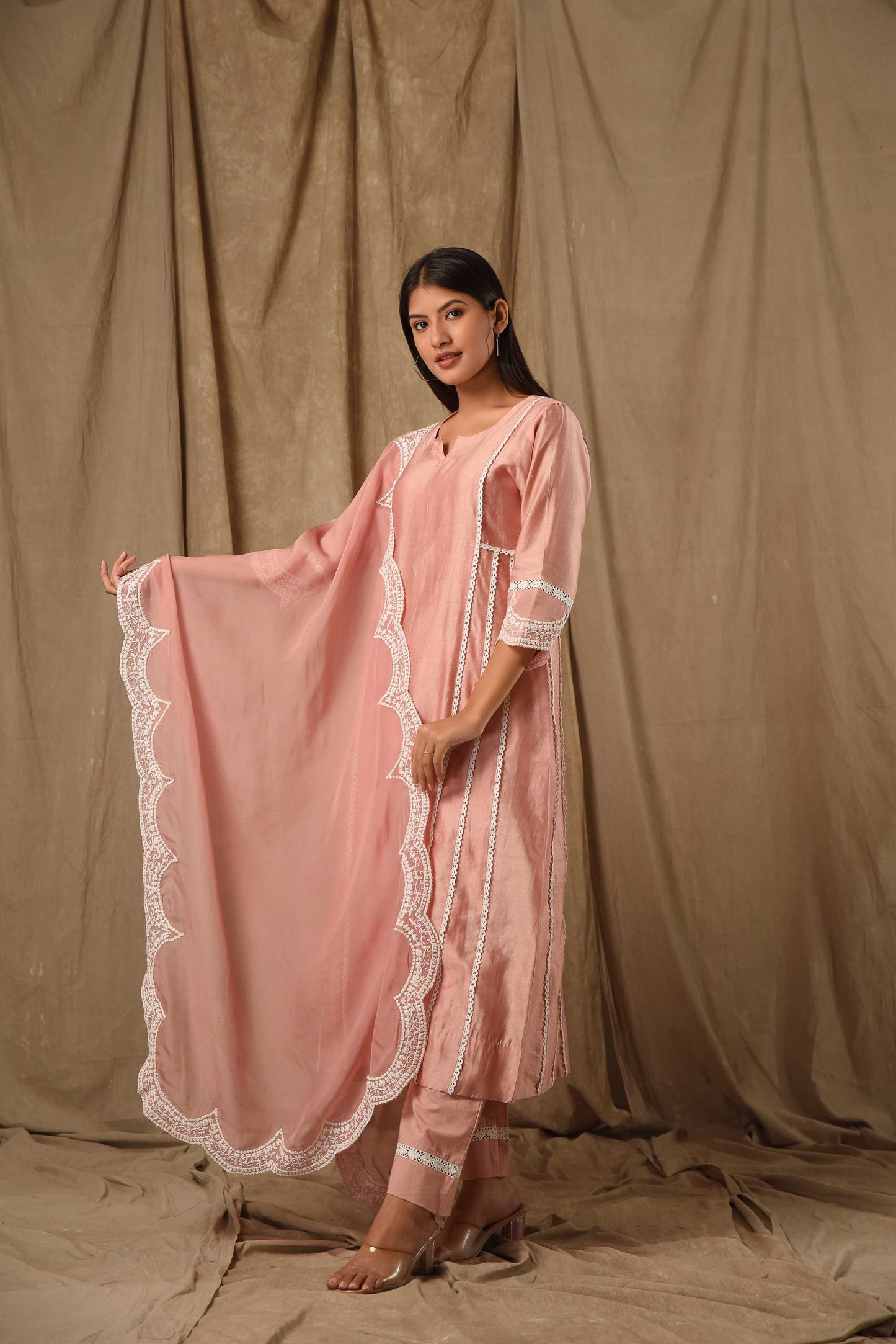 Dusty Peach A-Line Suit Set With Scaloped Dupatta