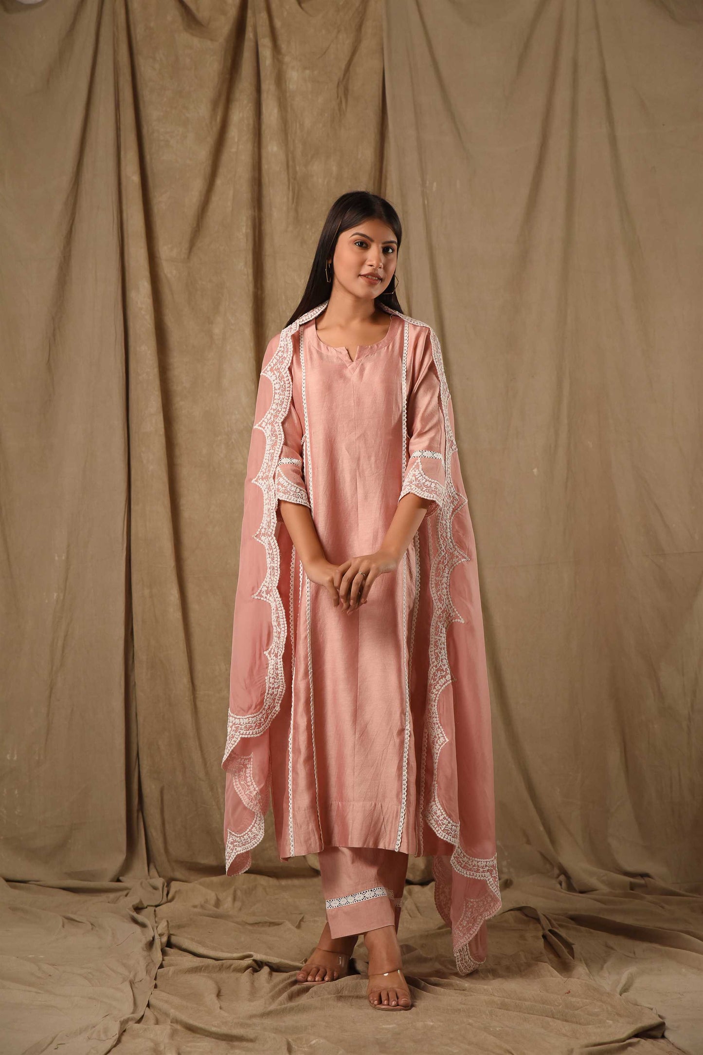 Dusty Peach A-Line Suit Set With Scaloped Dupatta