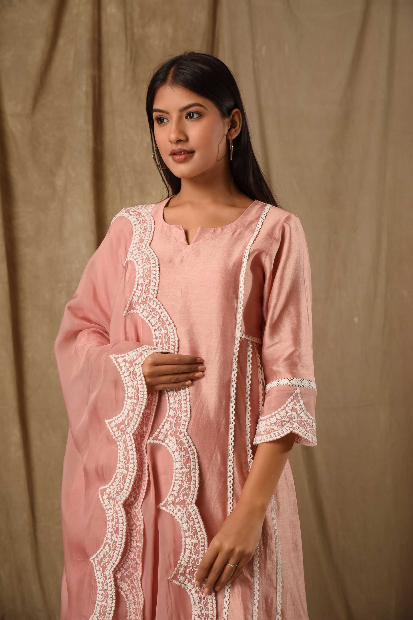 Dusty Peach A-Line Suit Set With Scaloped Dupatta