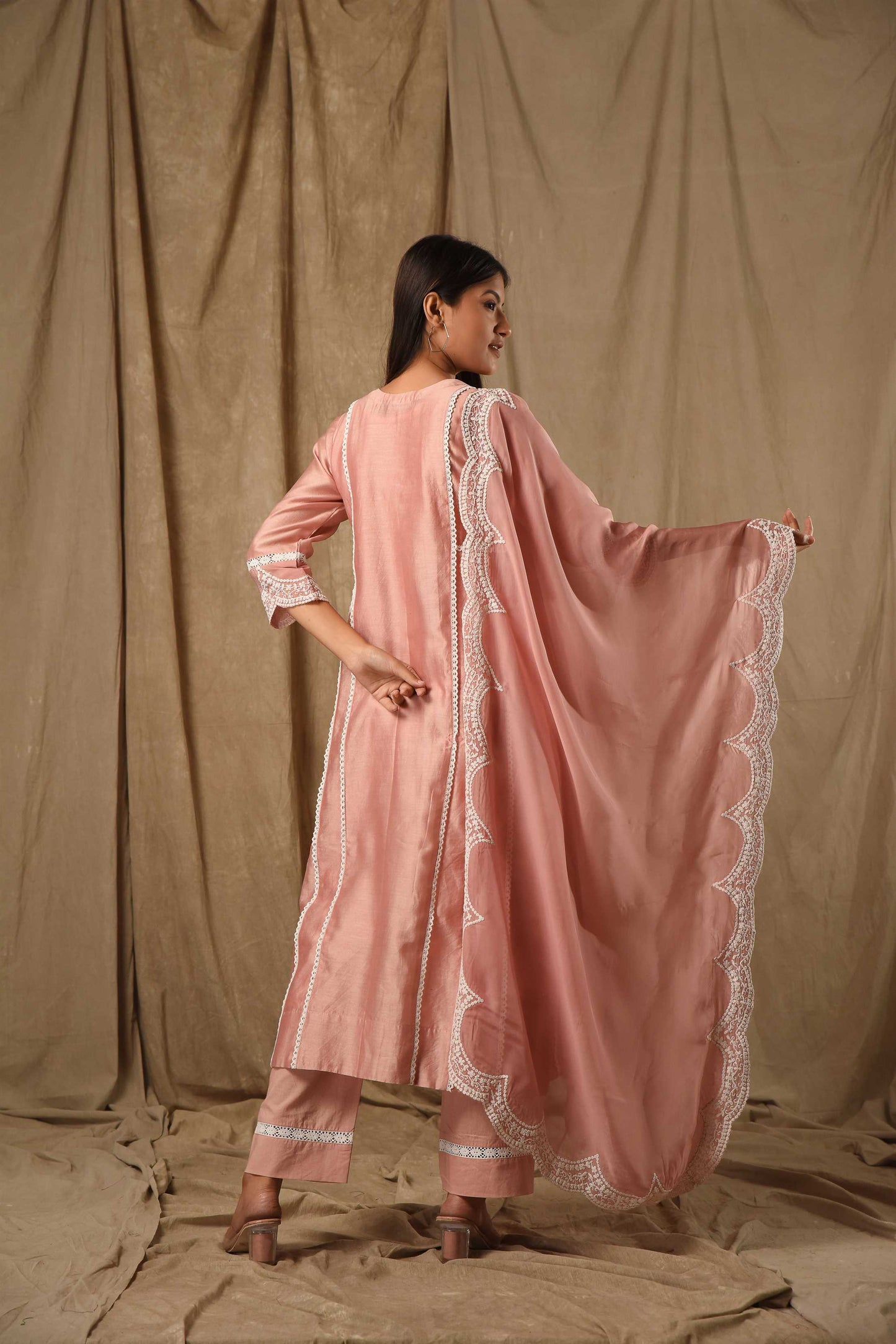 Dusty Peach A-Line Suit Set With Scaloped Dupatta