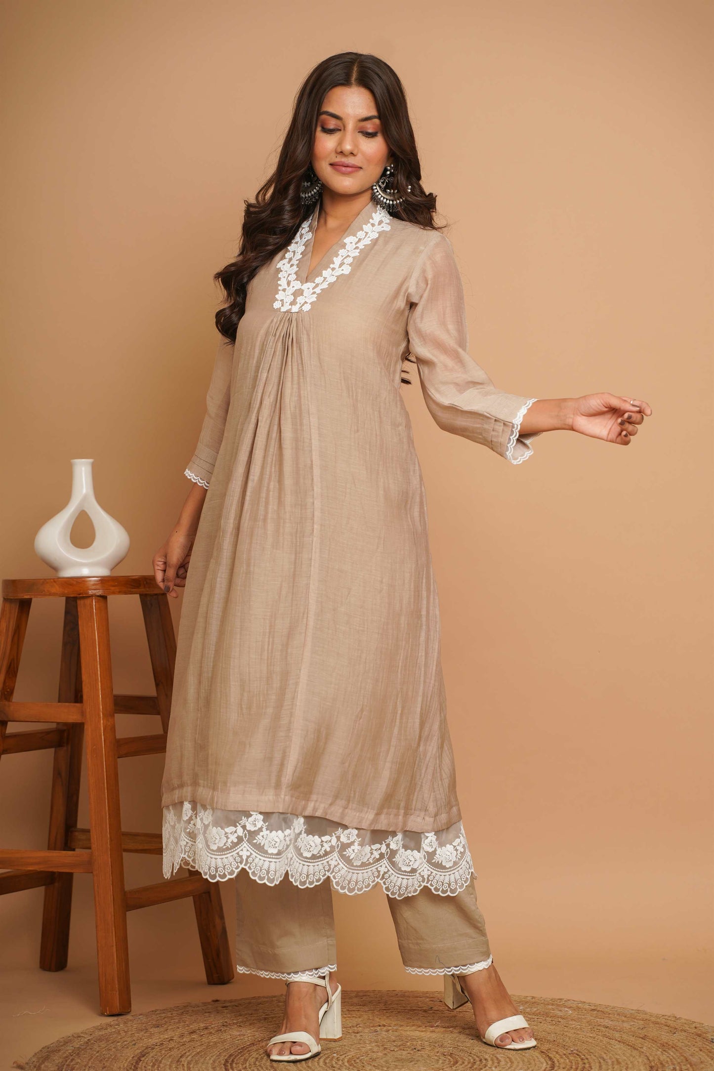 Beige Lace Kurta Pant Set