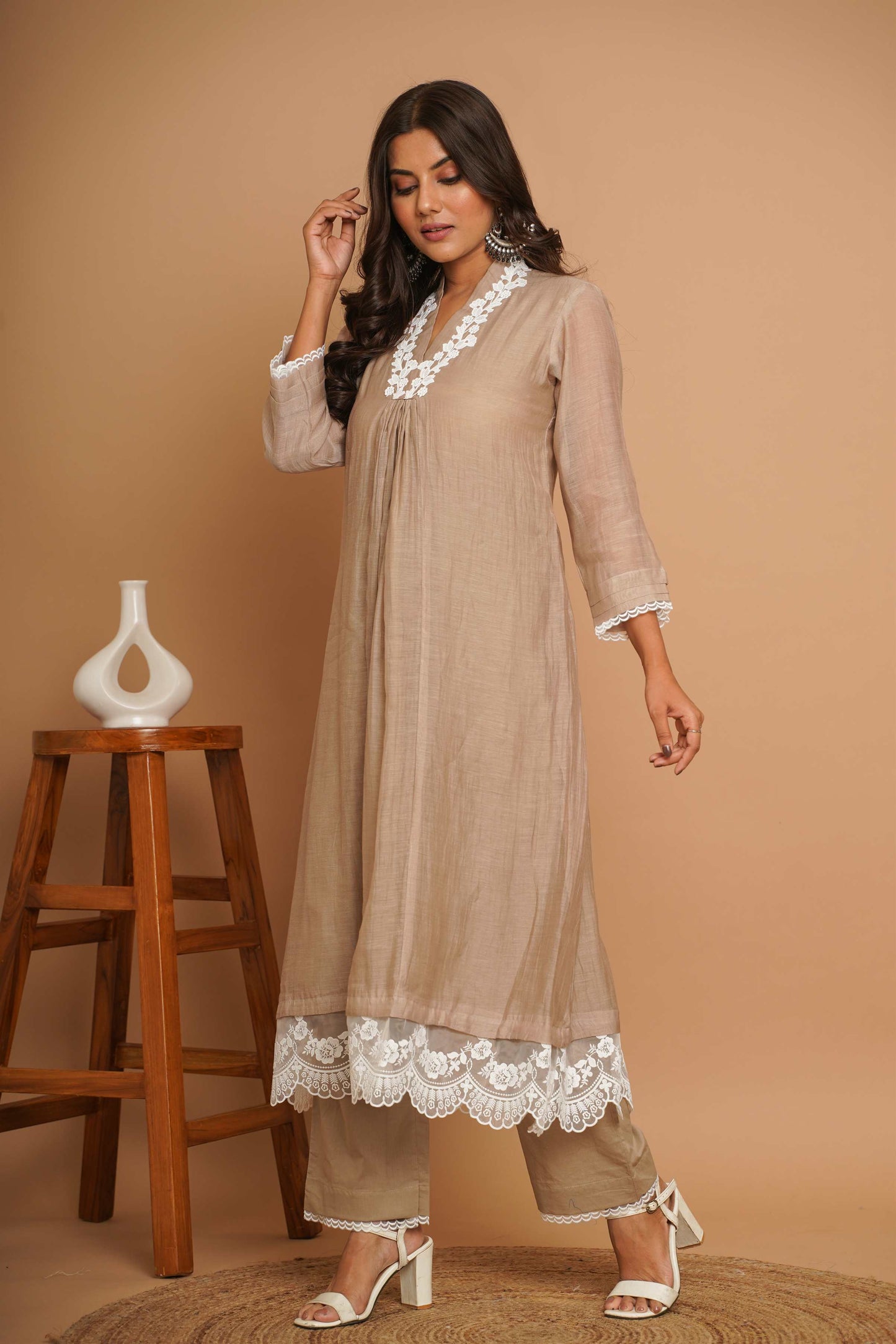 Beige Lace Kurta Pant Set
