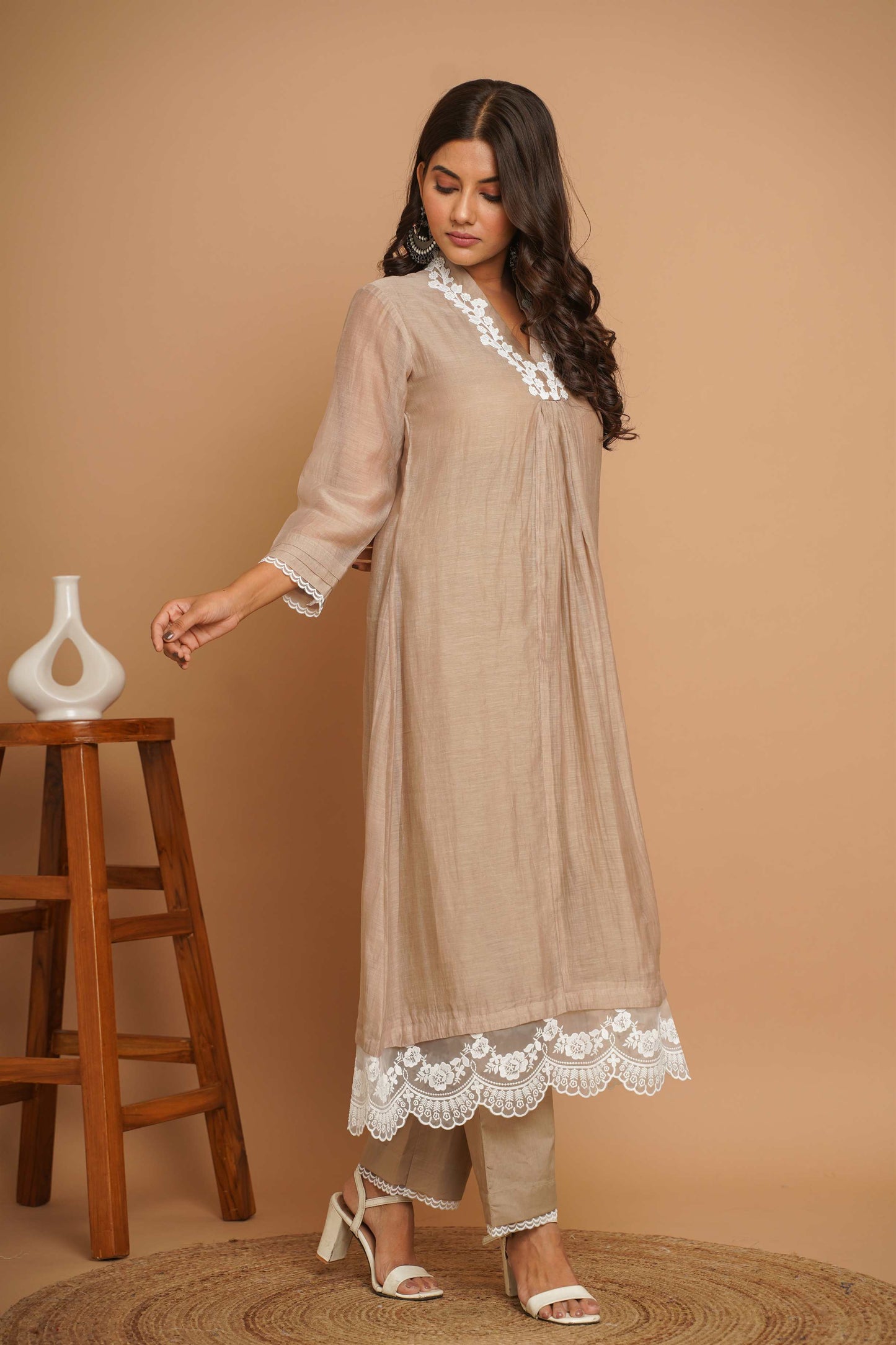 Beige Lace Kurta Pant Set