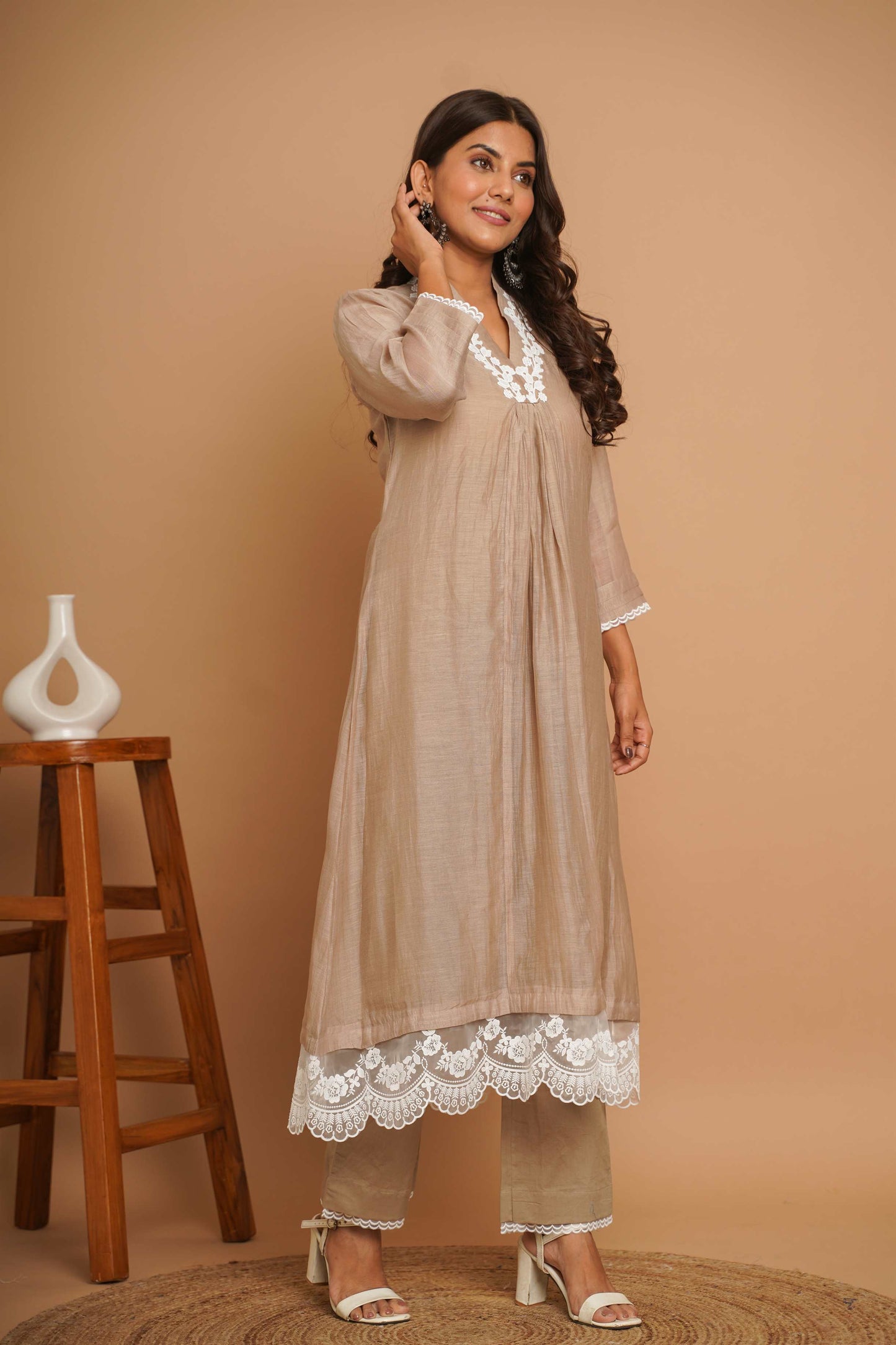 Beige Lace Kurta Pant Set