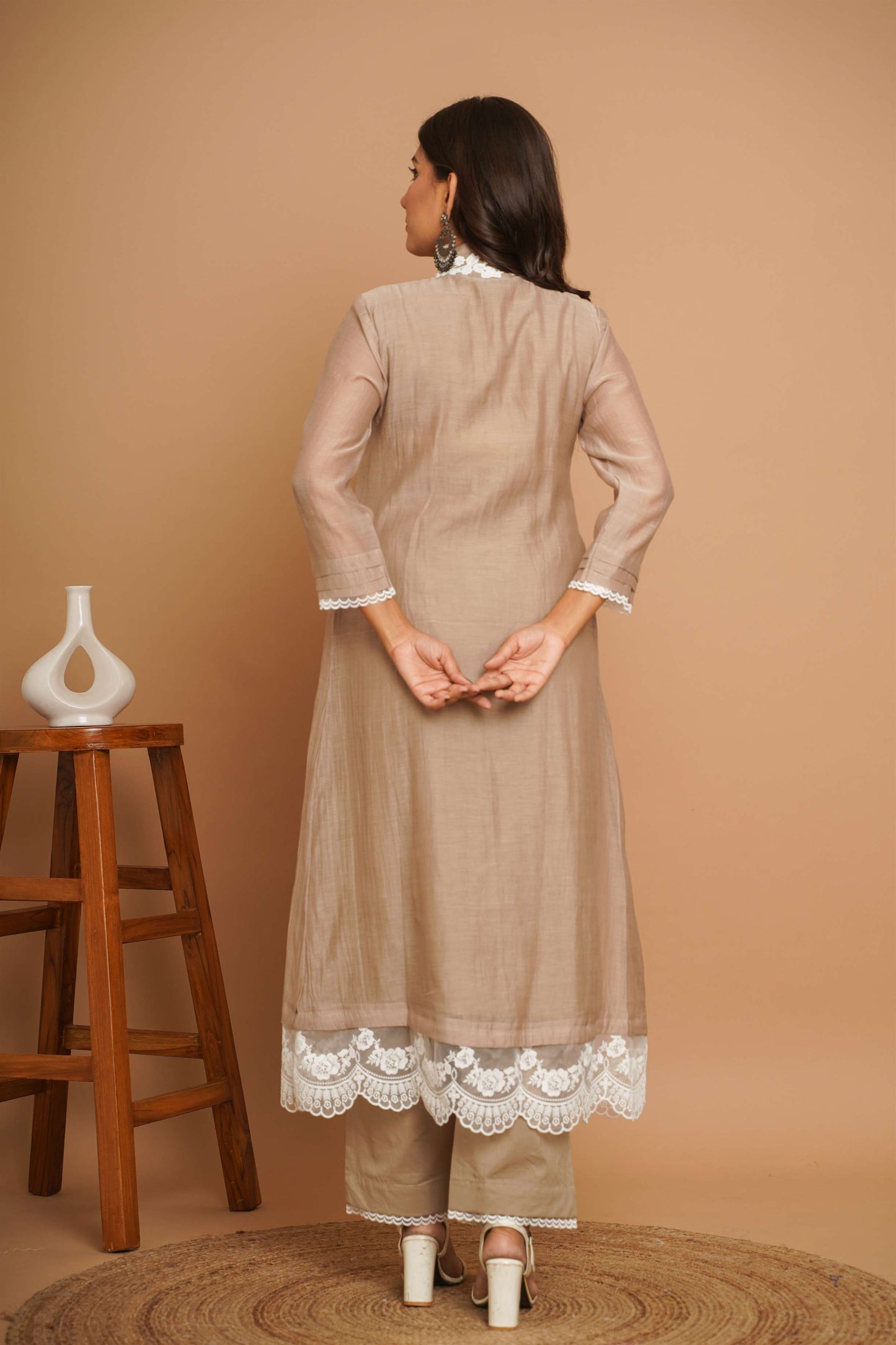 Beige Lace Kurta Pant Set