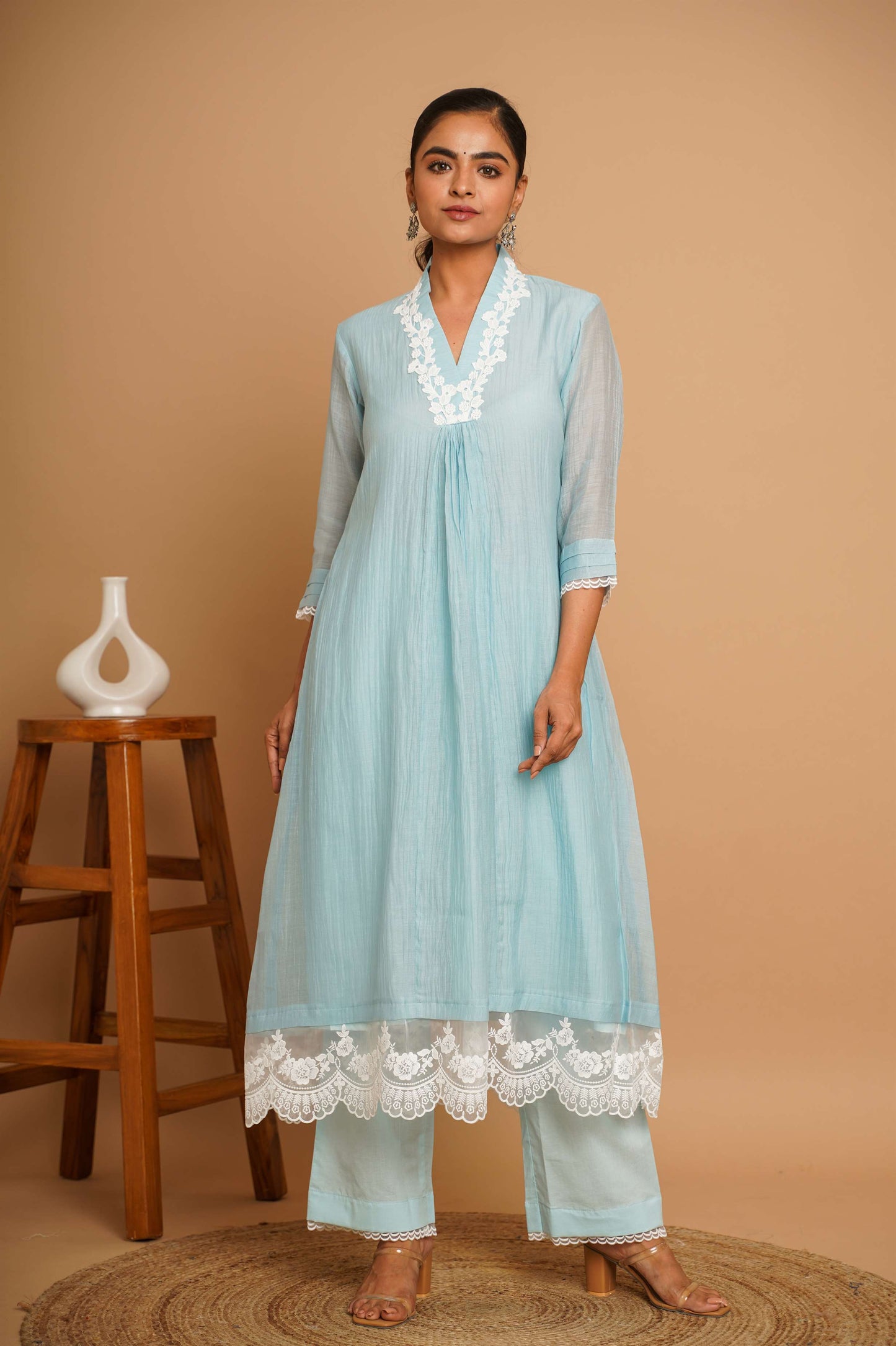 Powder Blue Lace Kurta Pant Set