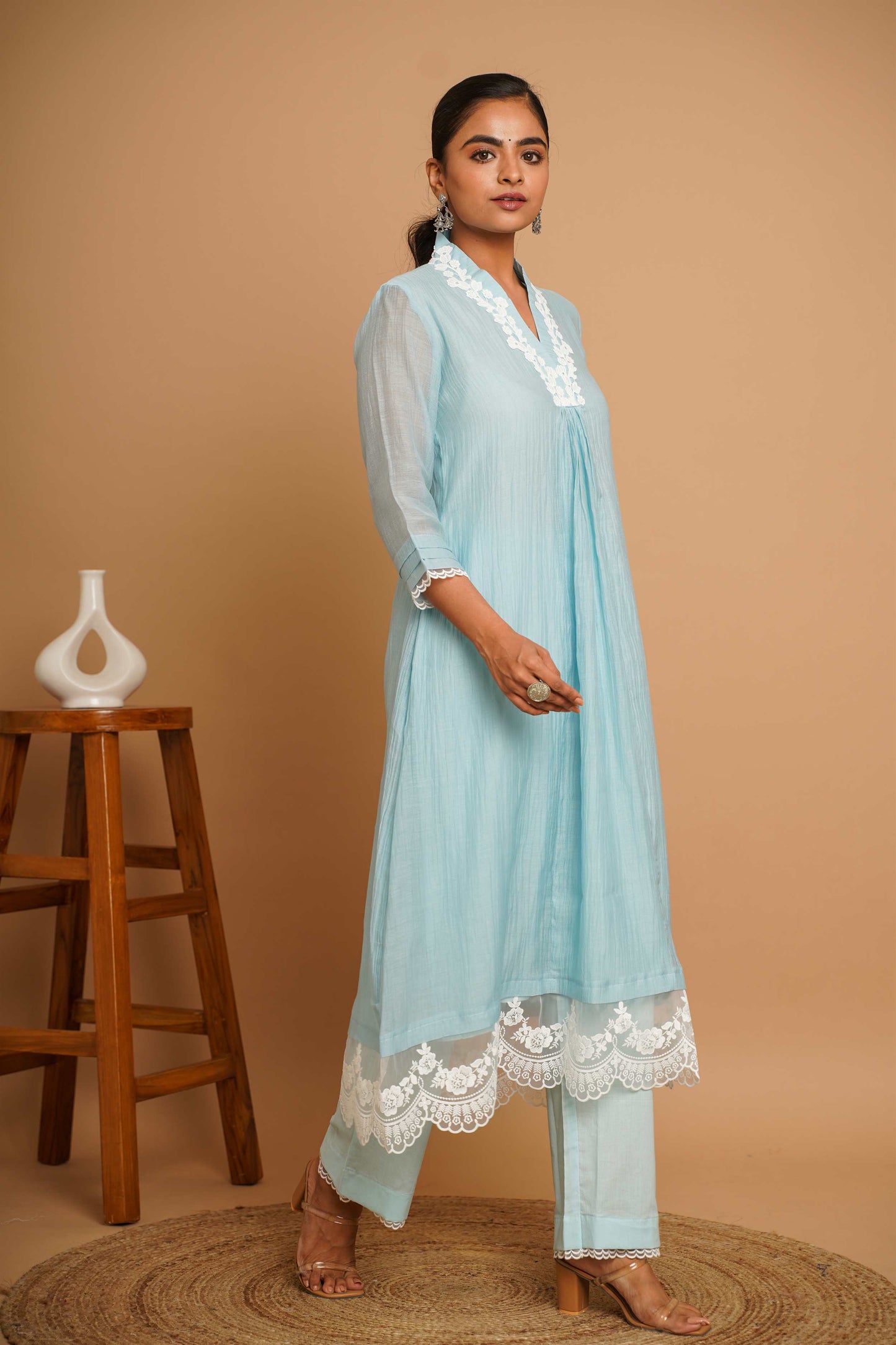 Powder Blue Lace Kurta Pant Set