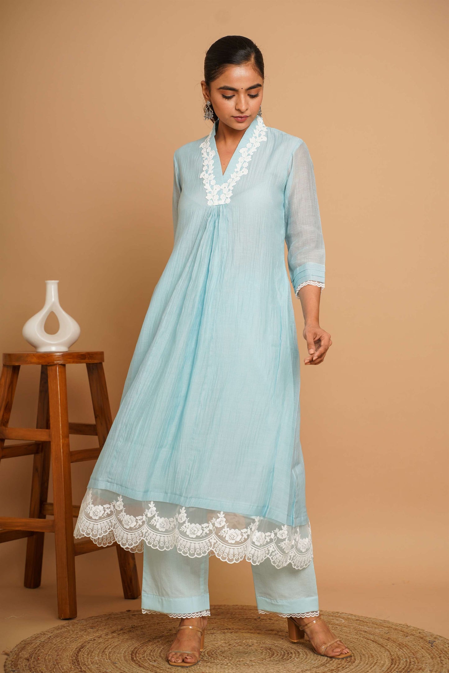 Powder Blue Lace Kurta Pant Set