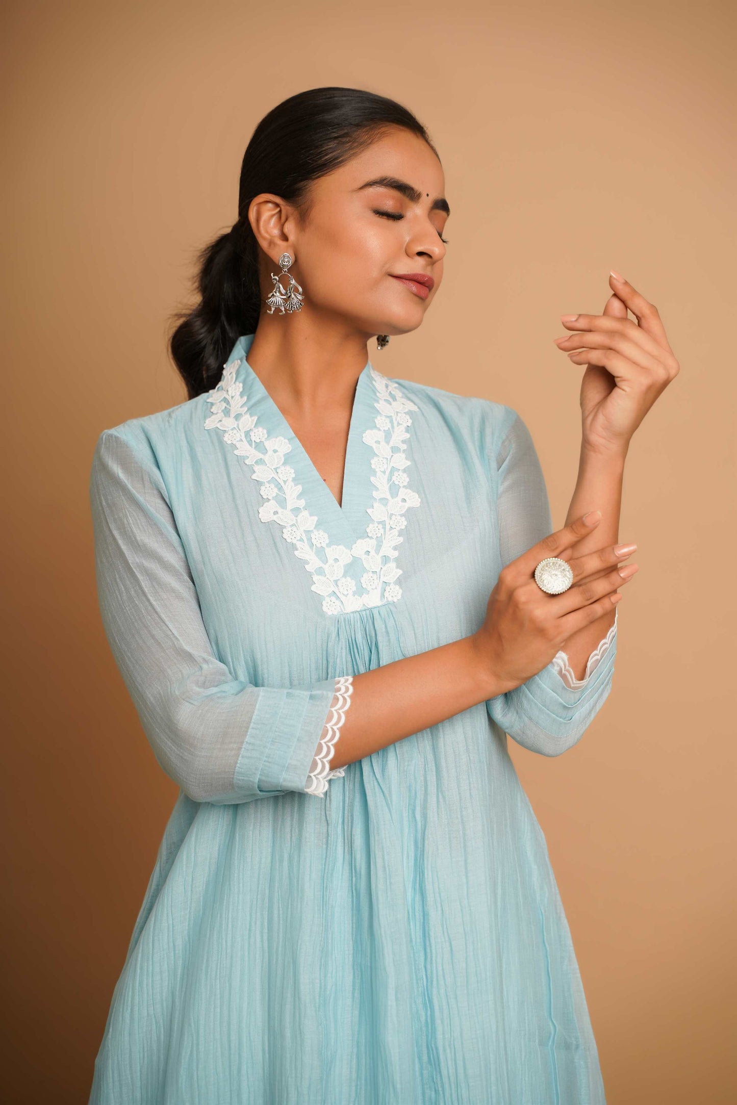 Powder Blue Lace Kurta Pant Set