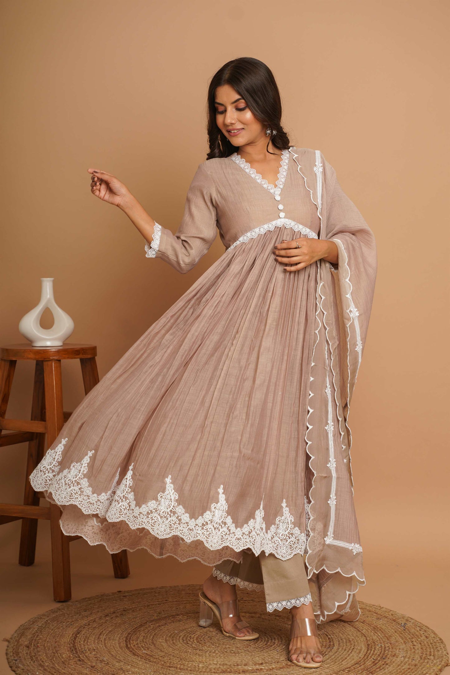 Beige Button Anarkali