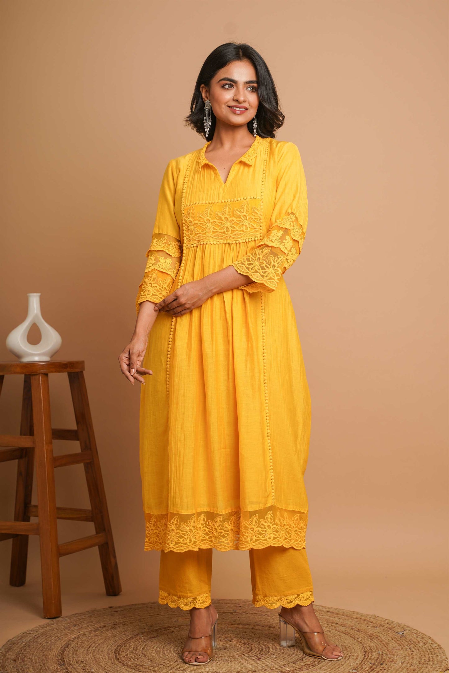 Yellow Lace Kurta Pant Set