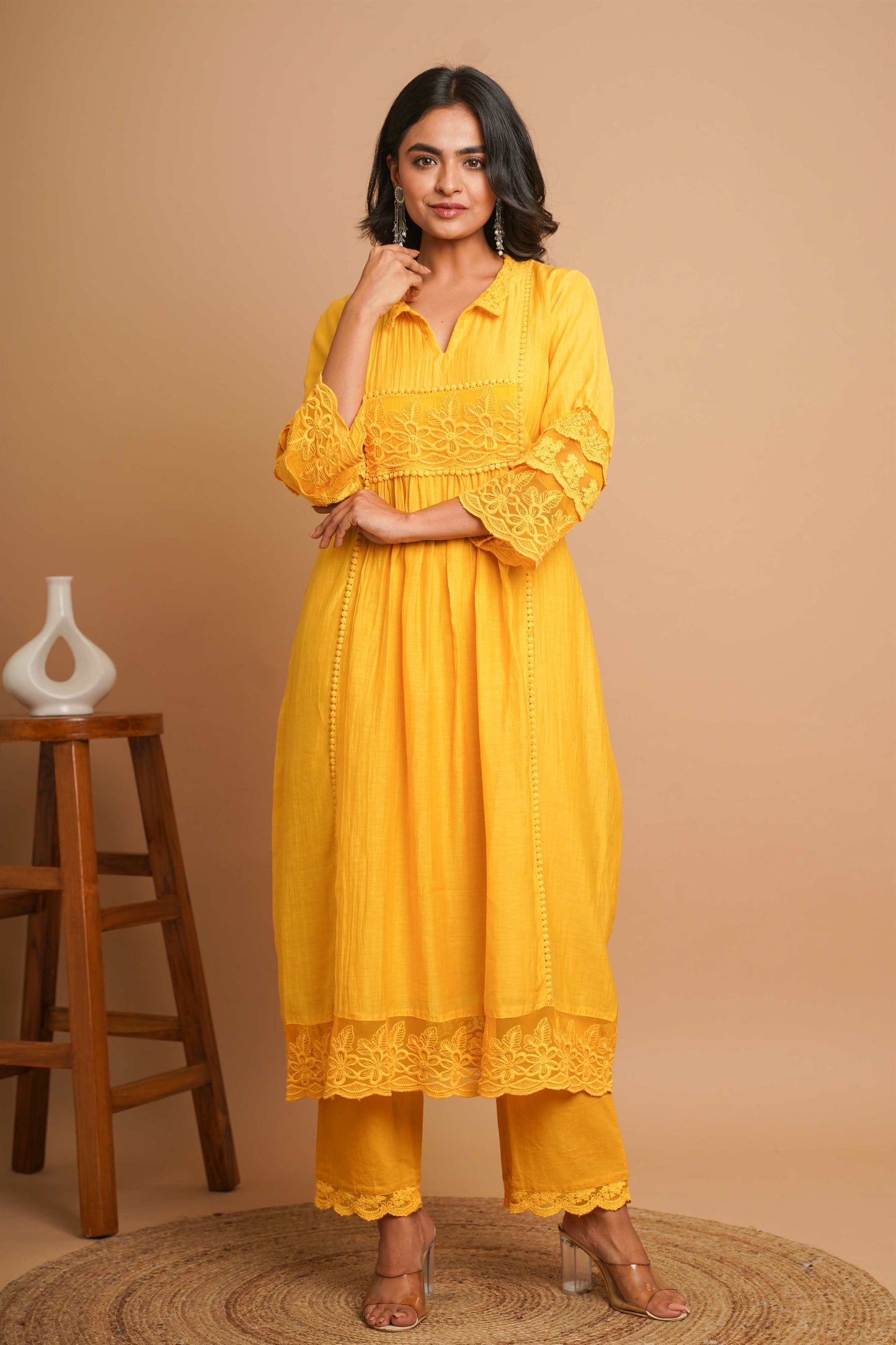 Yellow Lace Kurta Pant Set