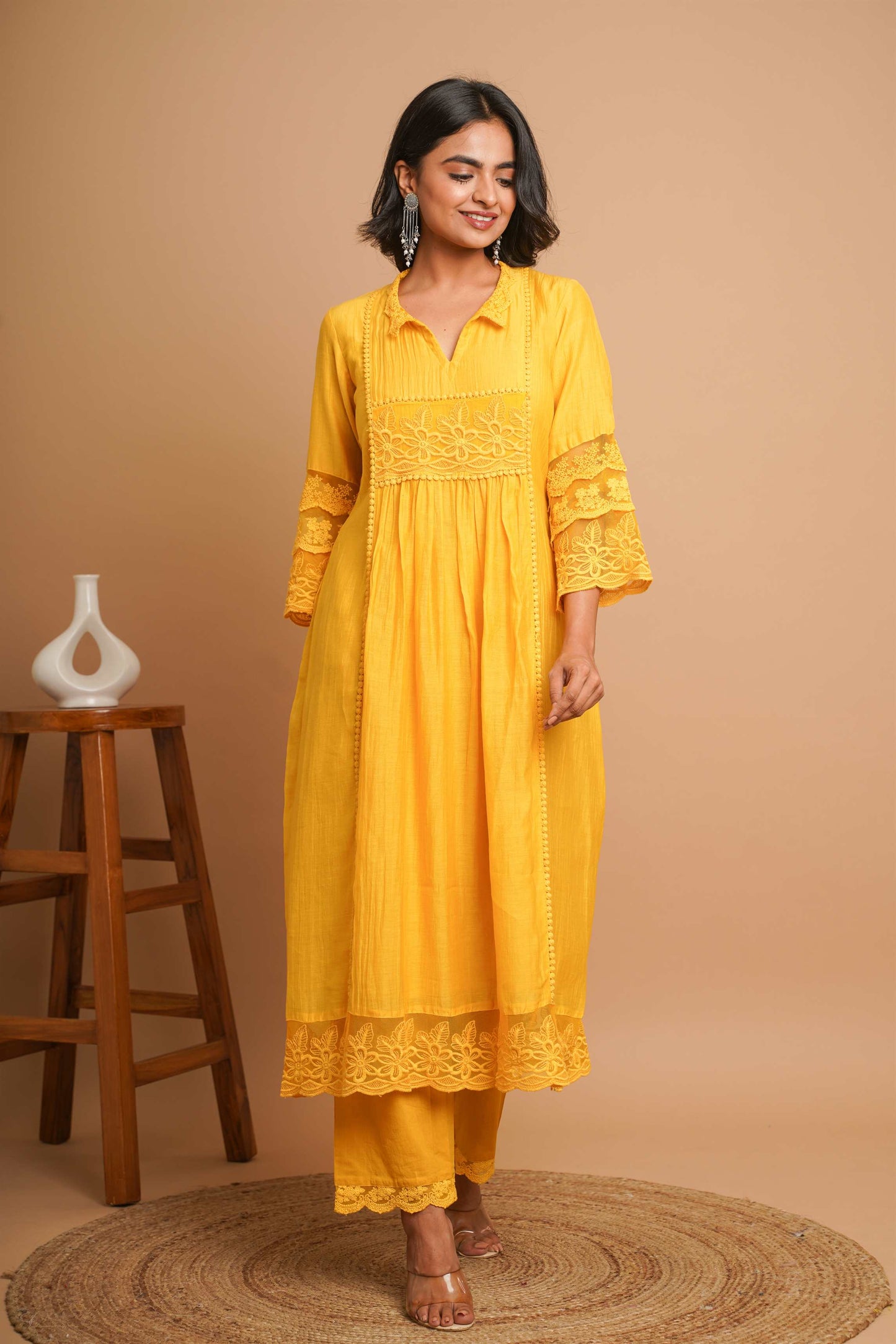 Yellow Lace Kurta Pant Set