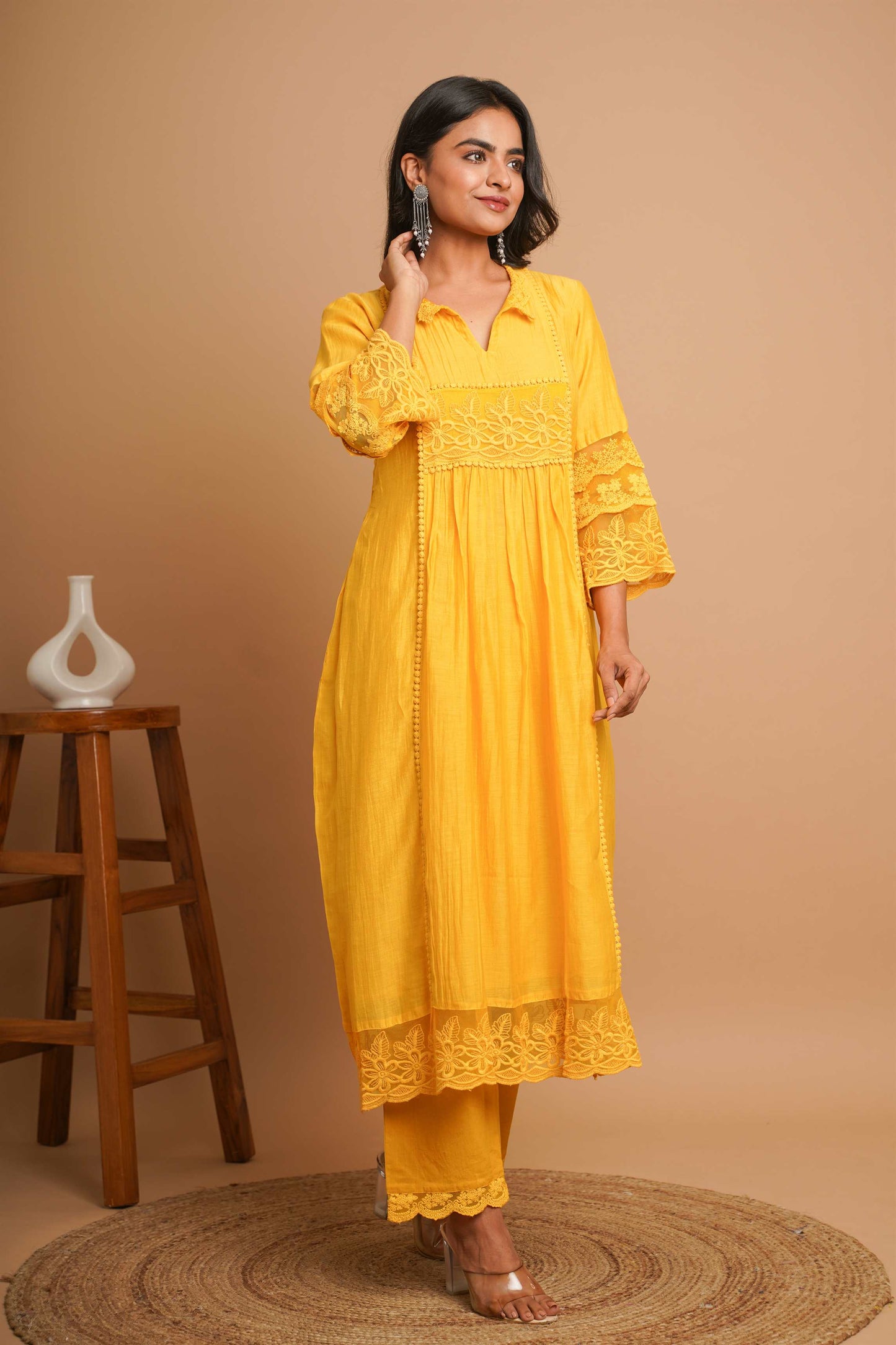 Yellow Lace Kurta Pant Set