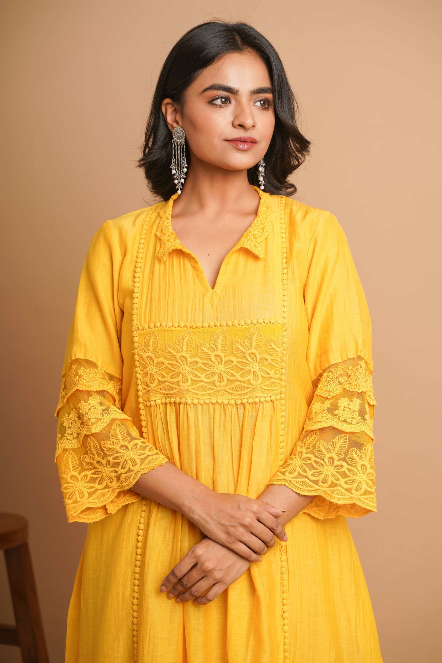 Yellow Lace Kurta Pant Set