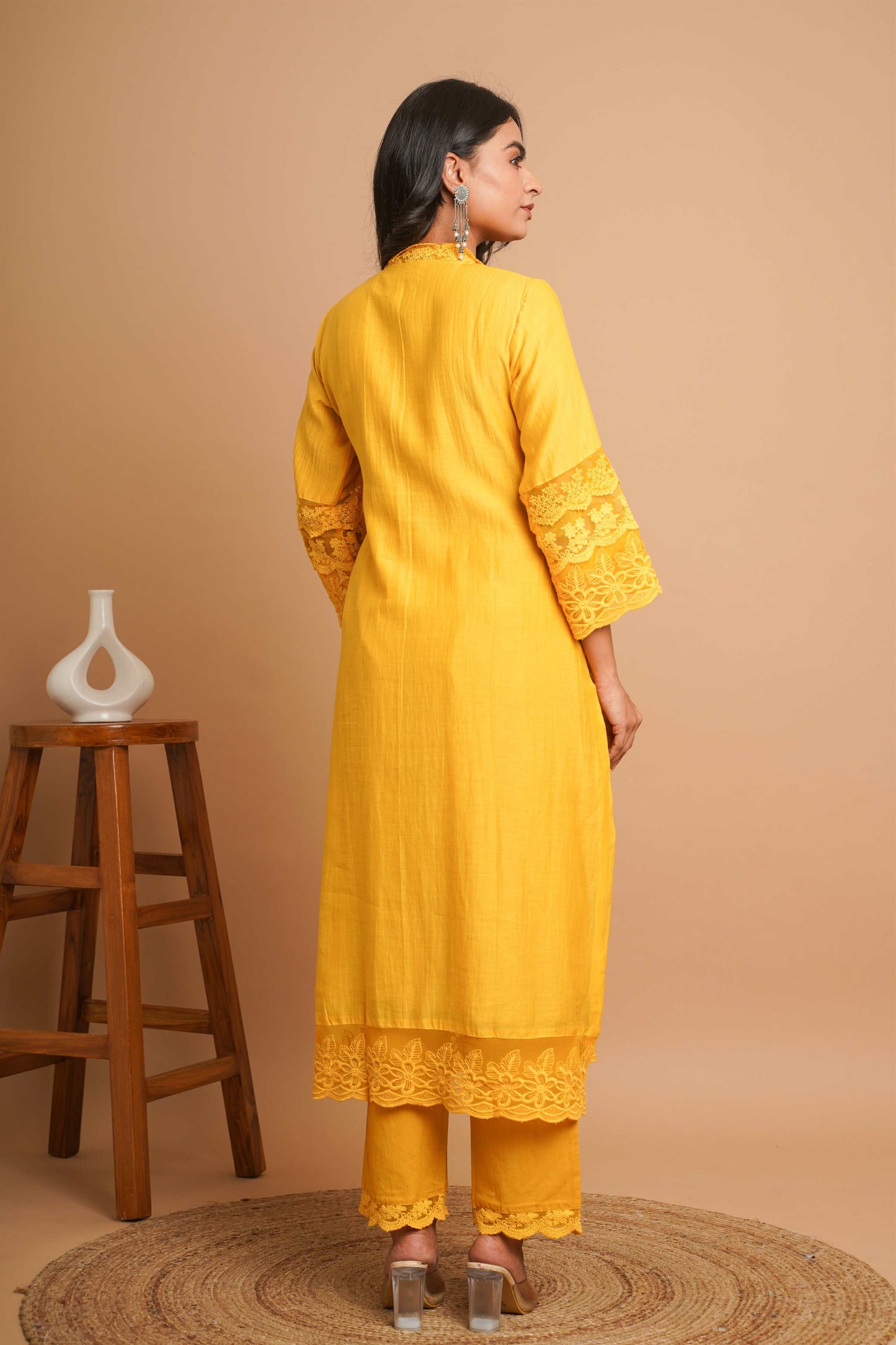 Yellow Lace Kurta Pant Set