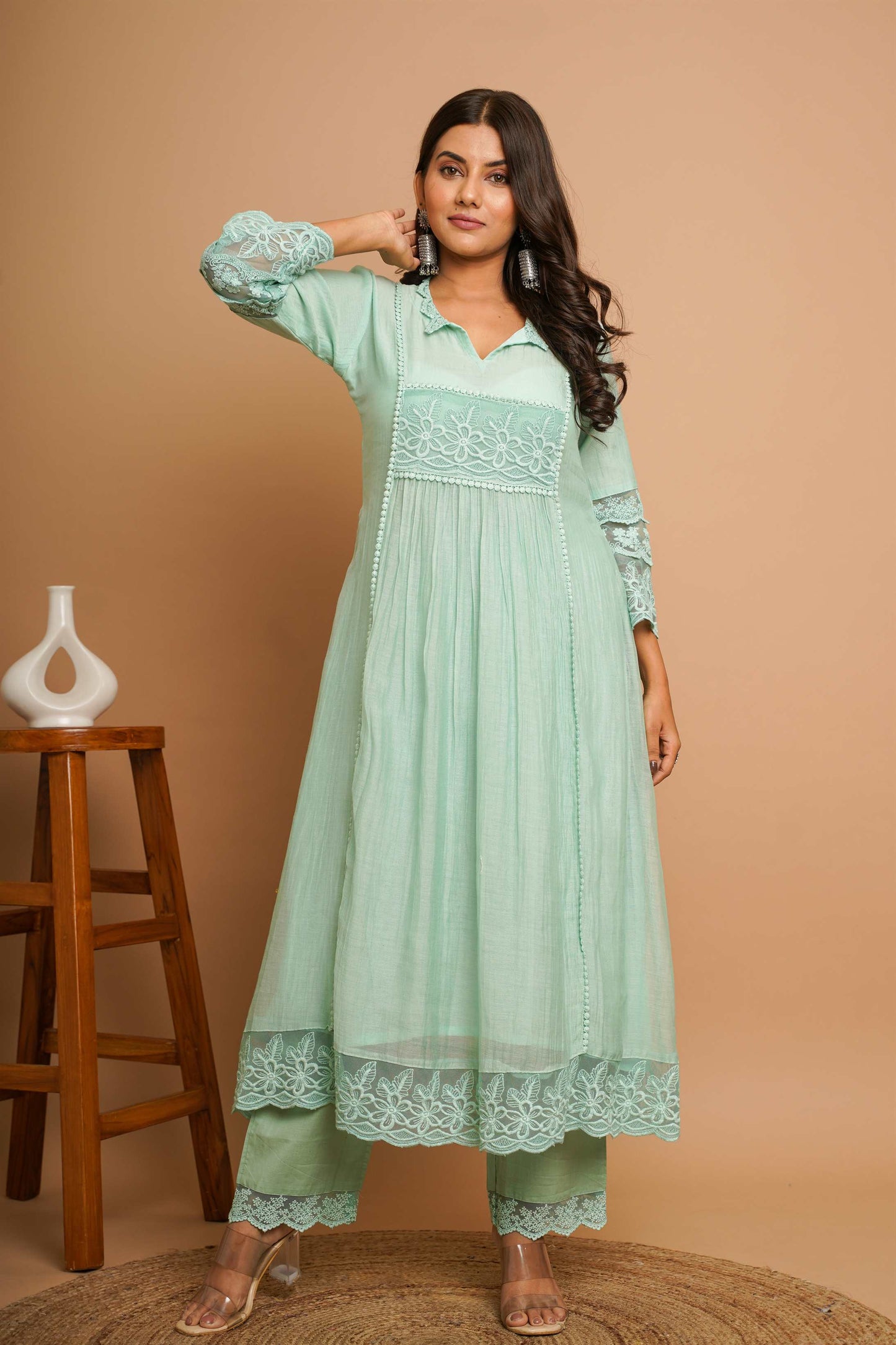 Dusty Green Lace Kurta Pant Set