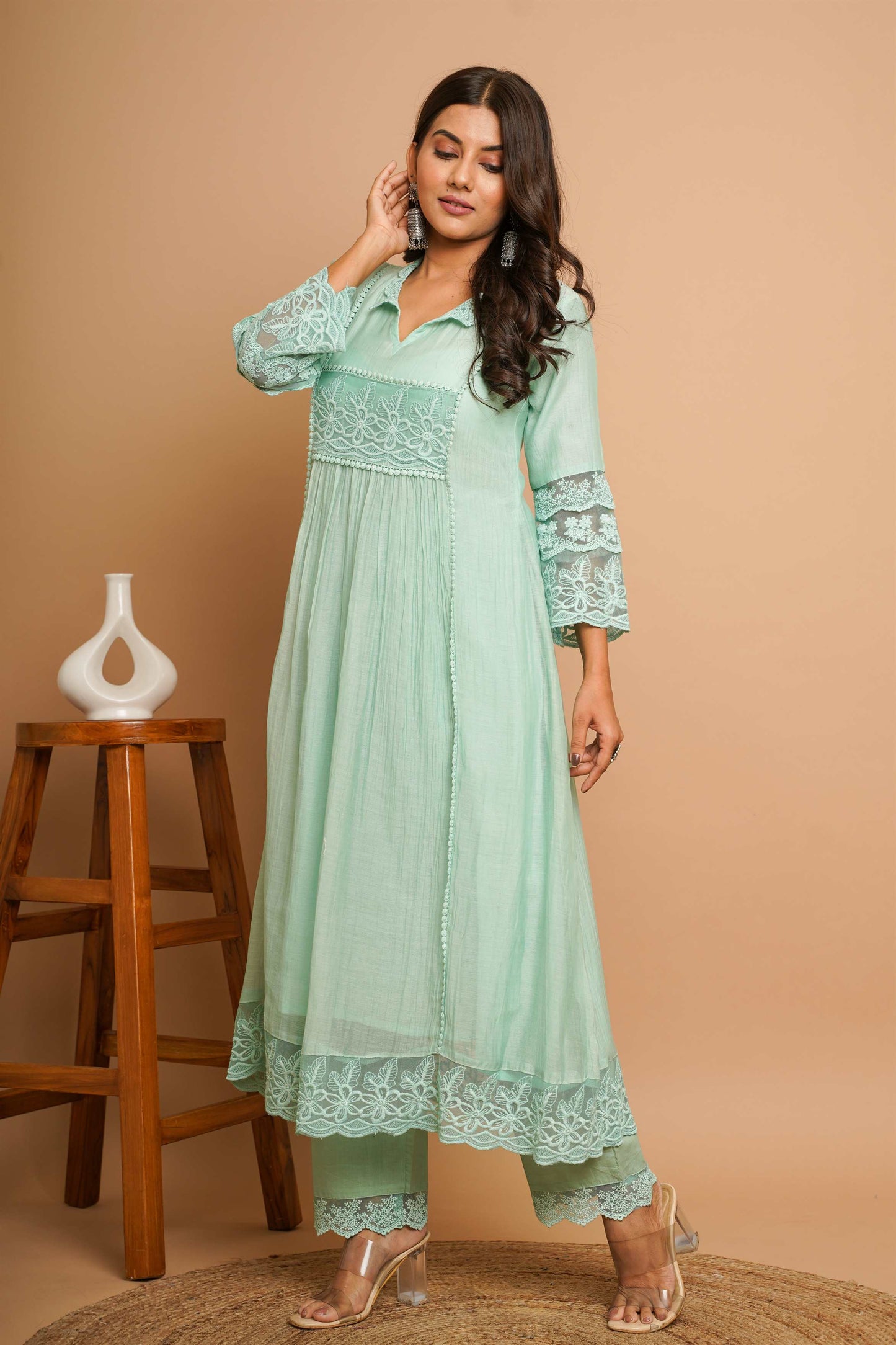 Dusty Green Lace Kurta Pant Set