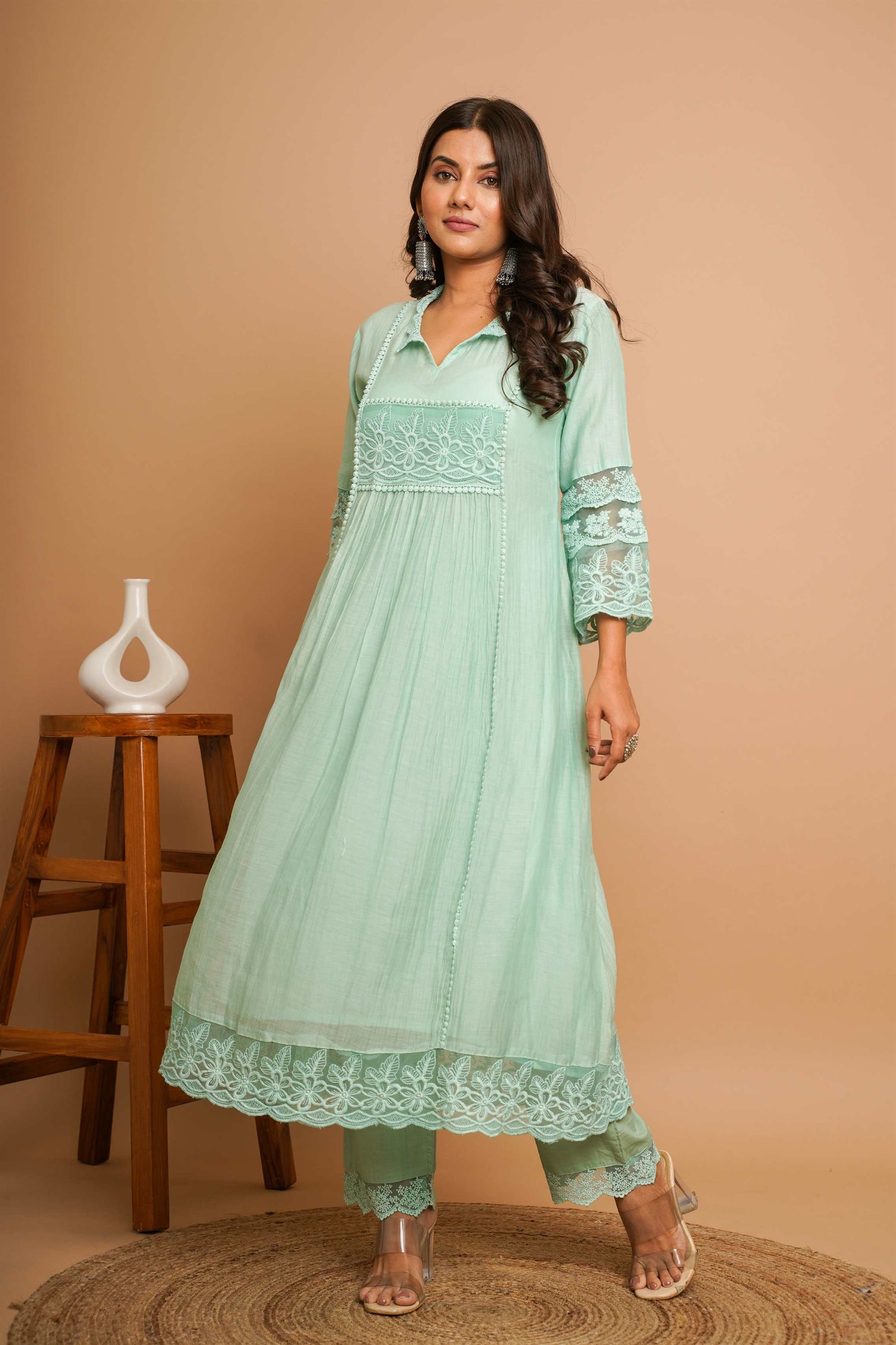 Dusty Green Lace Kurta Pant Set