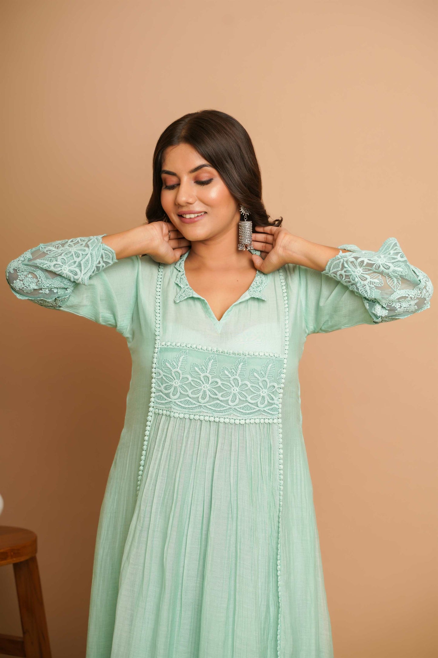 Dusty Green Lace Kurta Pant Set