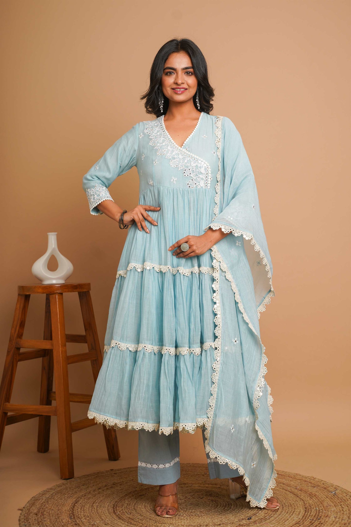 Powder Blue Mirror Work Anarkali