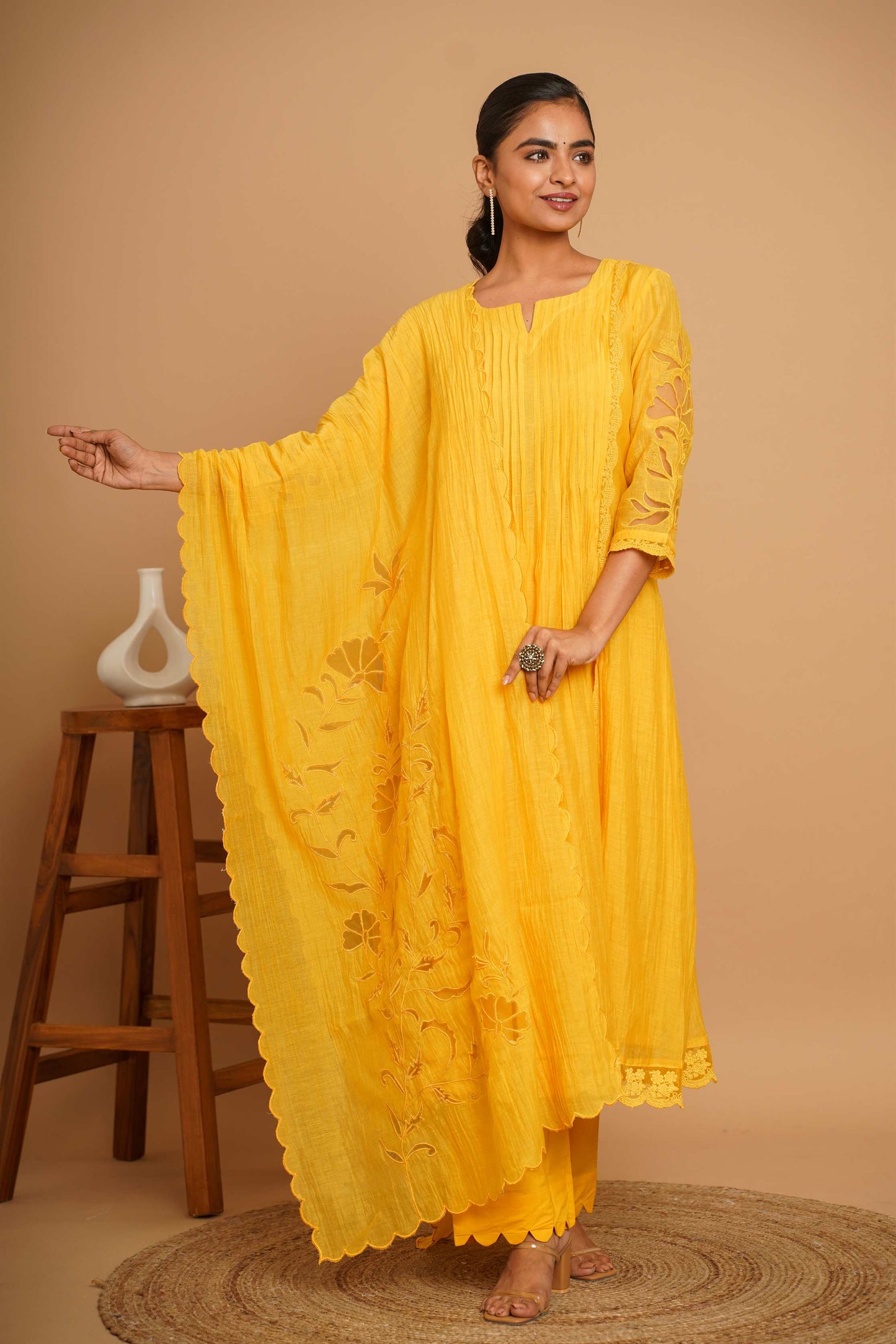 Yellow Net Applique Suit Set