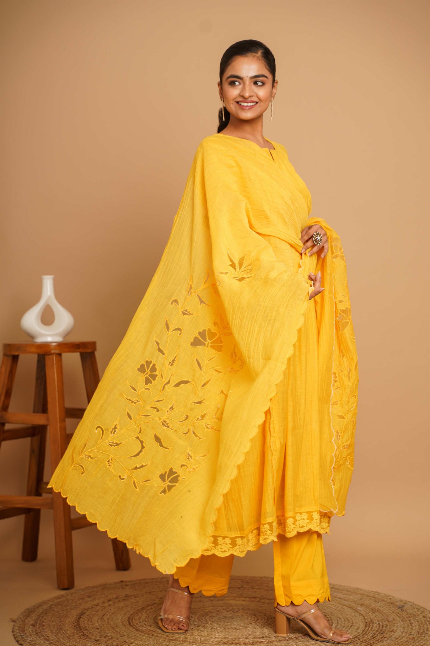 Yellow Net Applique Suit Set