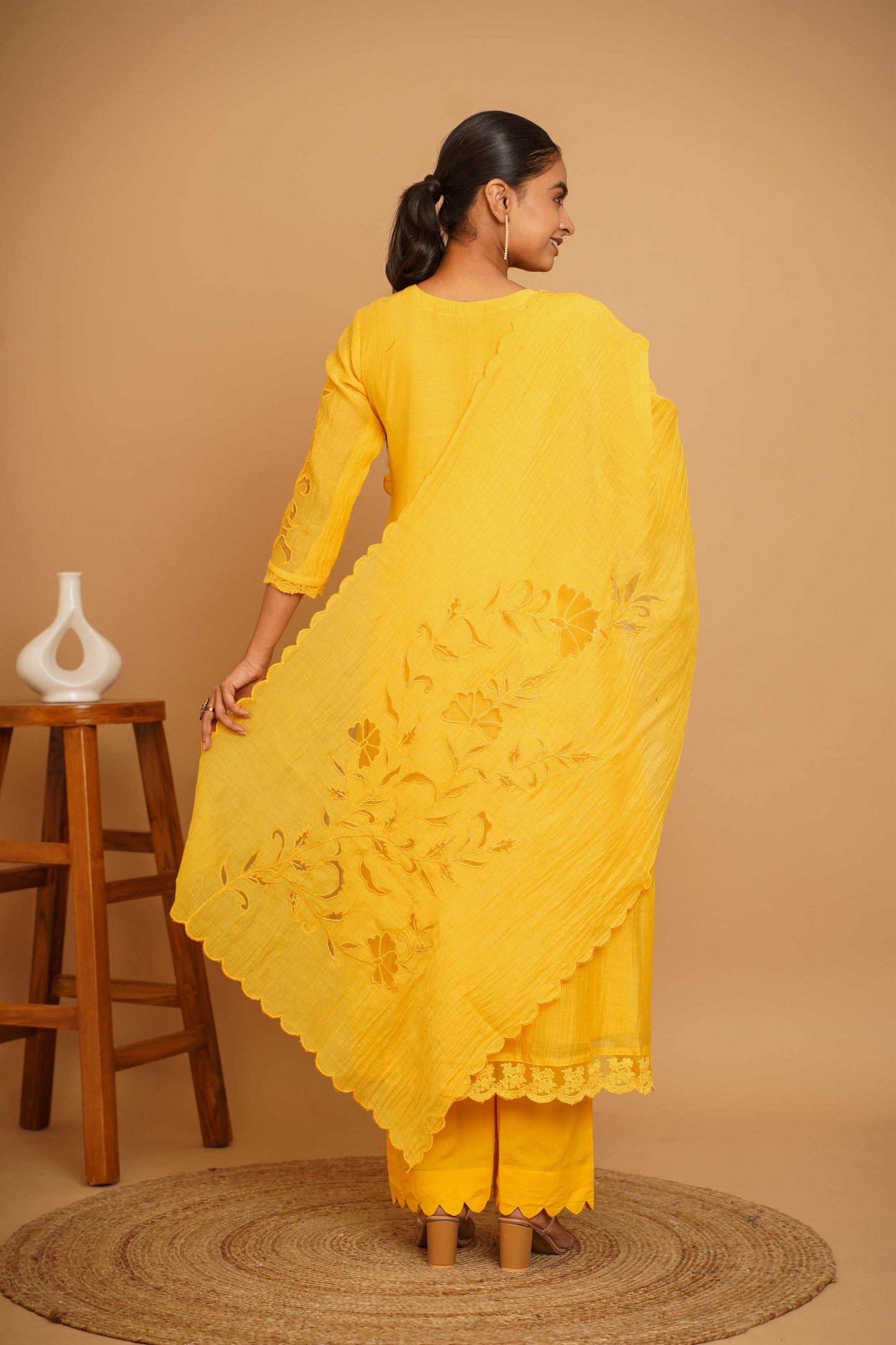 Yellow Net Applique Suit Set