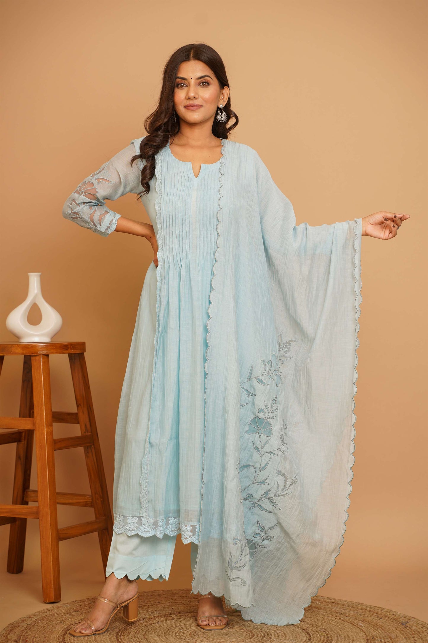 Powder Blue Net Applique Suit Set