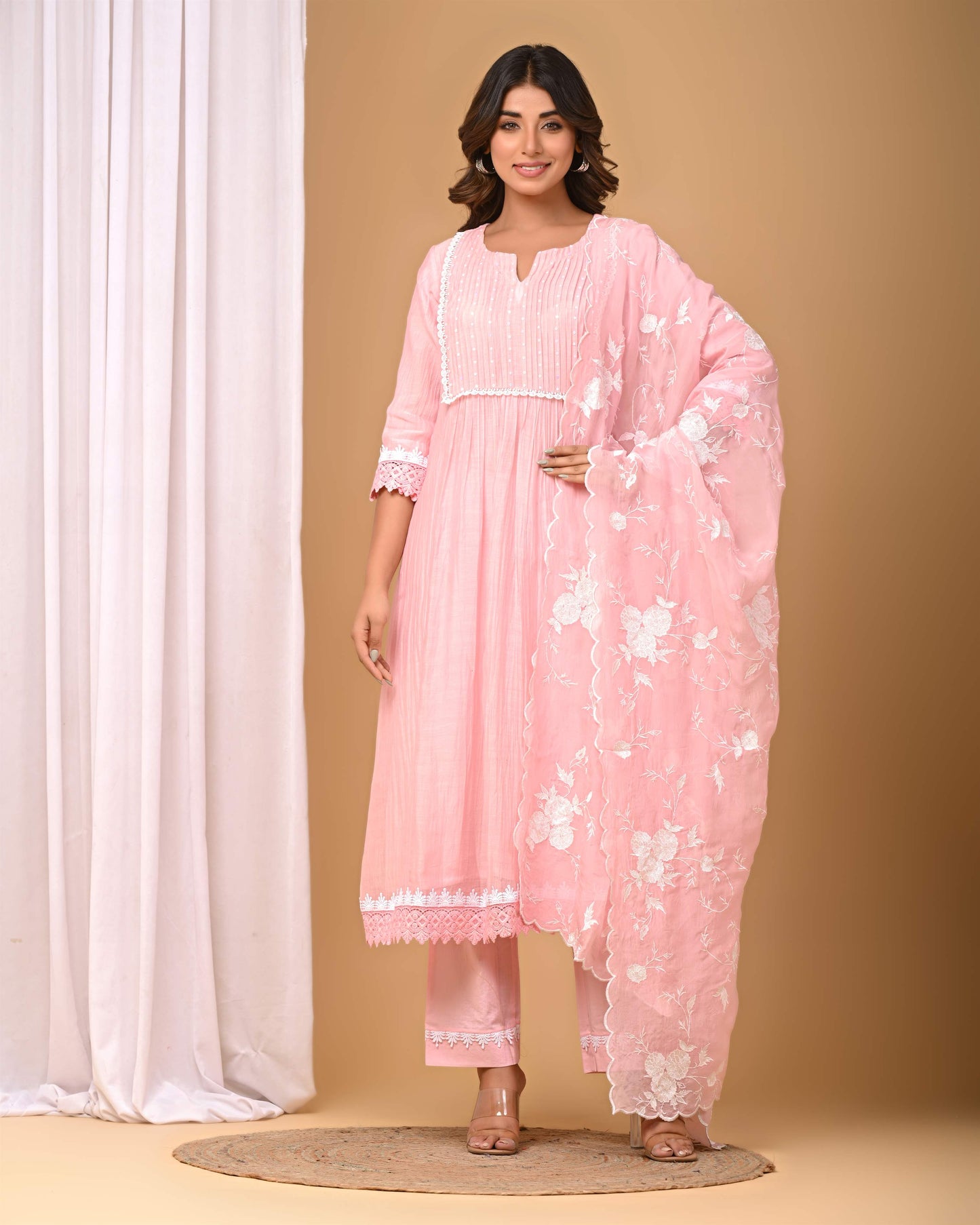 Blush Pink Pintucks Suit set with embroidered Organza Dupatta