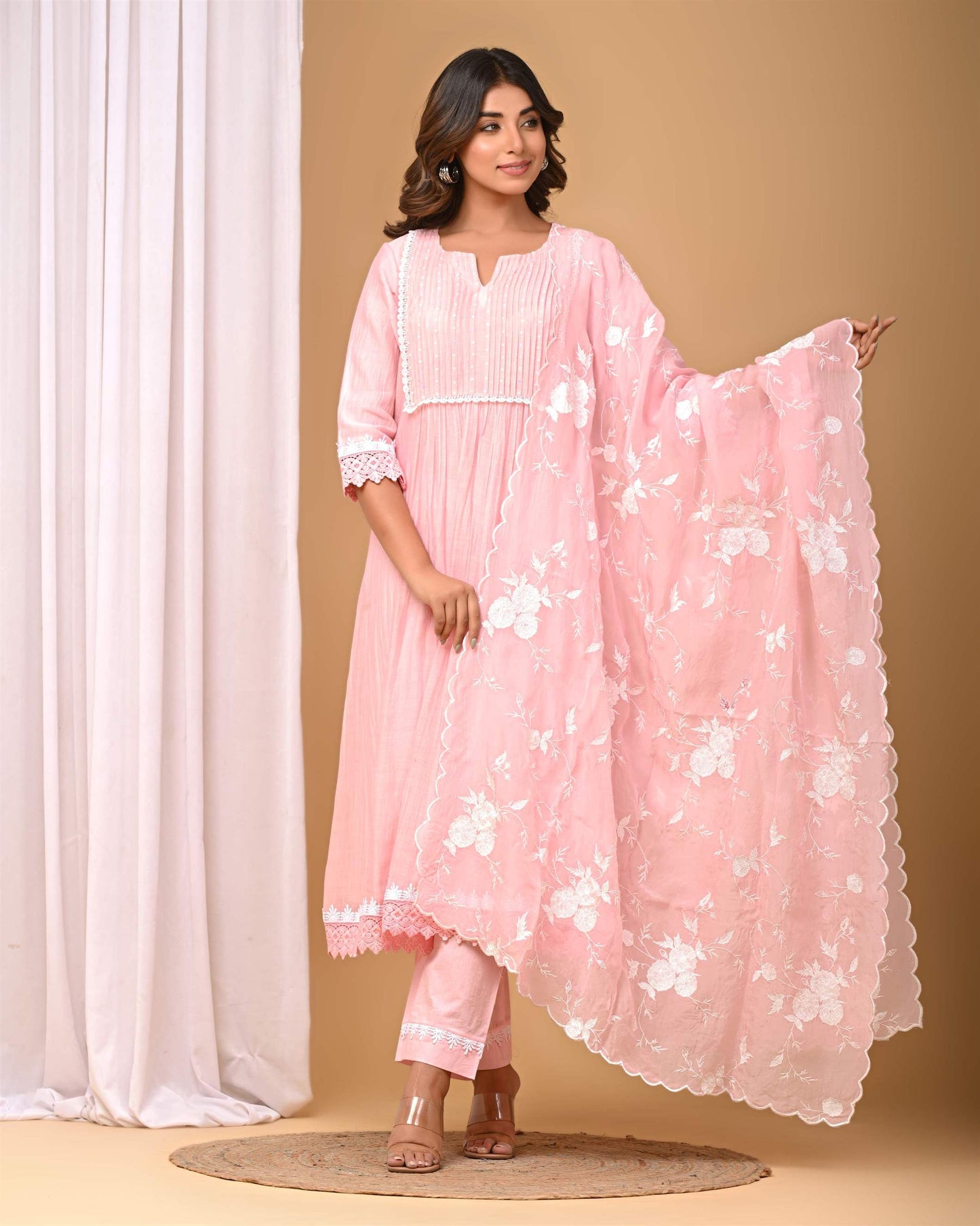 Blush Pink Pintucks Suit set with embroidered Organza Dupatta
