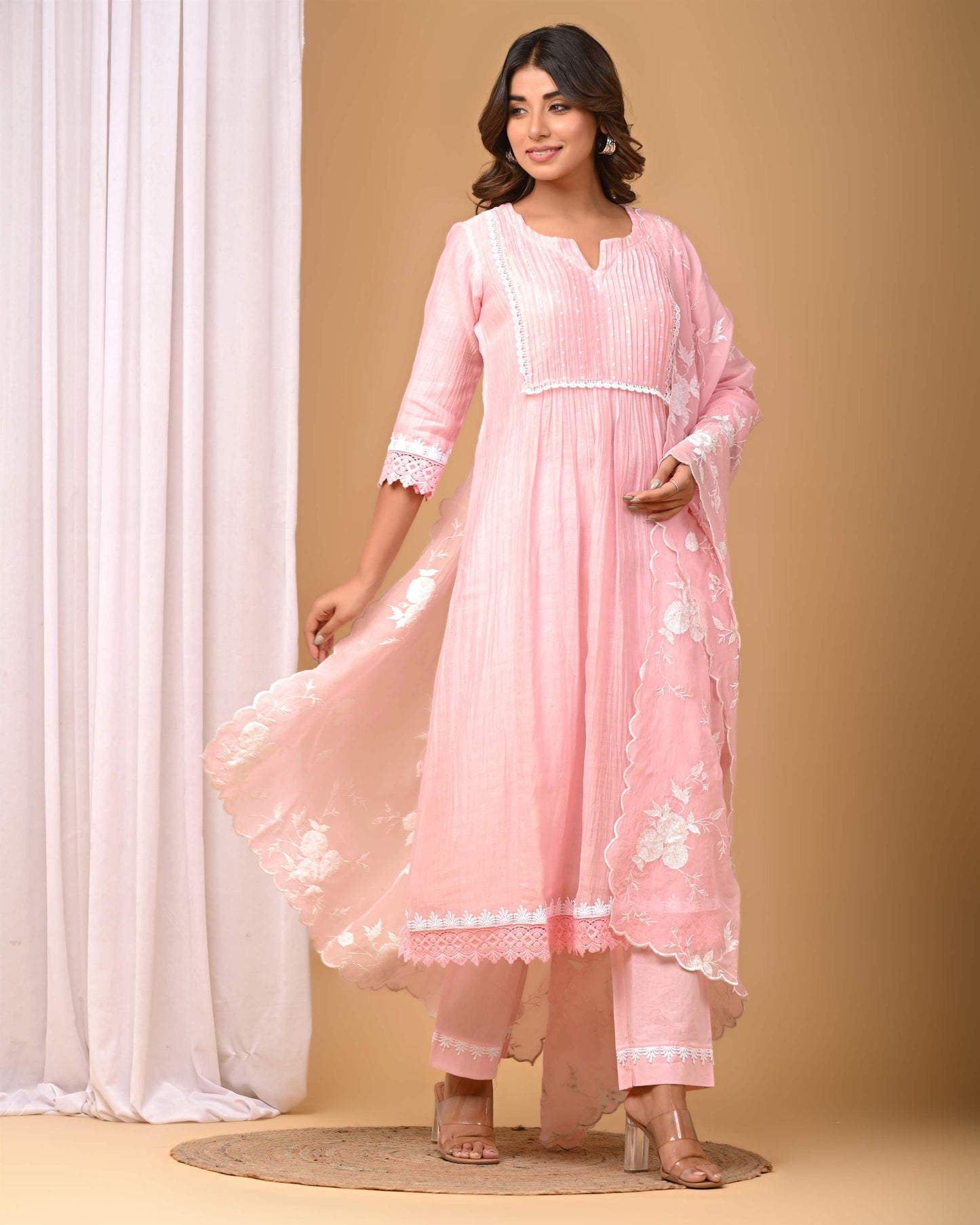 Blush Pink Pintucks Suit set with embroidered Organza Dupatta