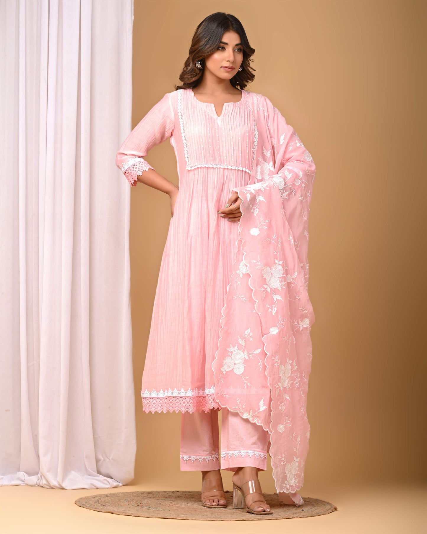 Blush Pink Pintucks Suit set with embroidered Organza Dupatta
