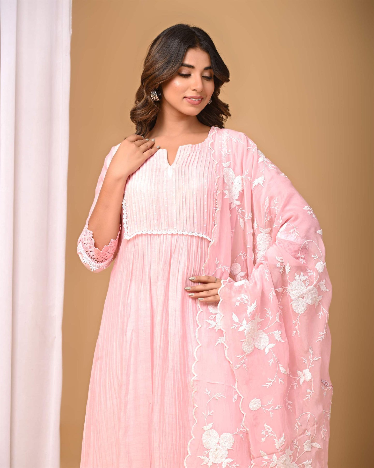 Blush Pink Pintucks Suit set with embroidered Organza Dupatta