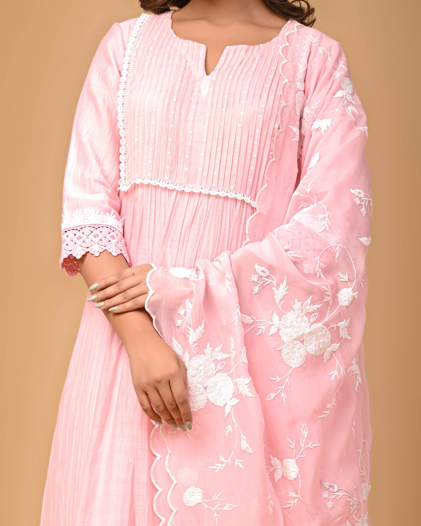 Blush Pink Pintucks Suit set with embroidered Organza Dupatta