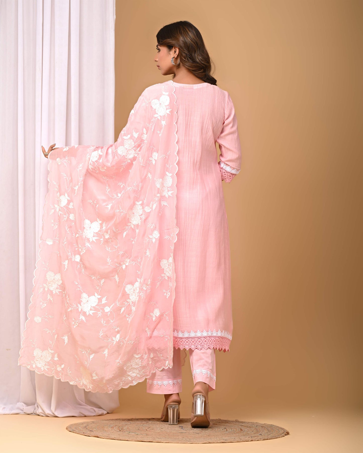 Blush Pink Pintucks Suit set with embroidered Organza Dupatta