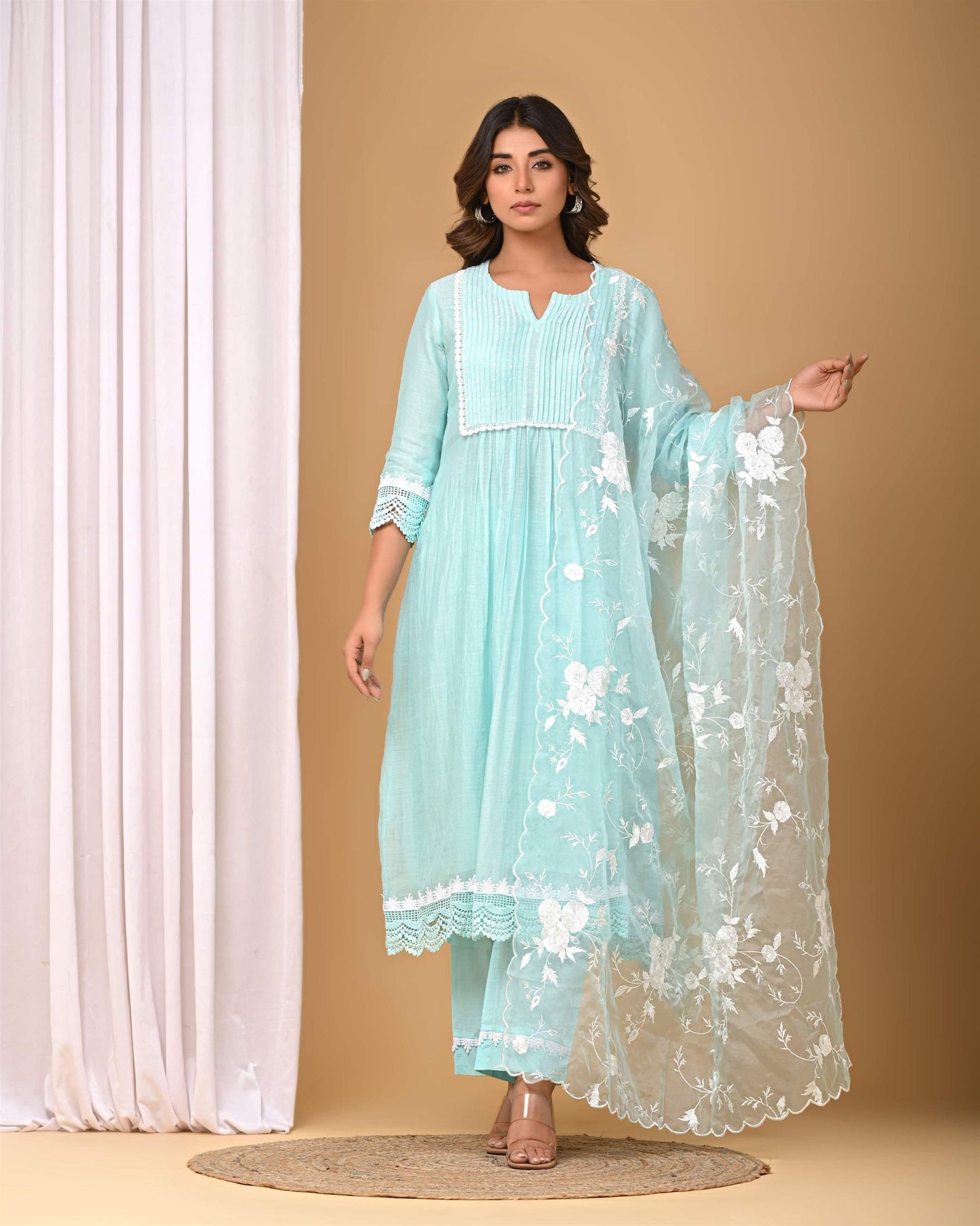 Sea Green Pintucks Suit set with embroidered Organza Dupatta