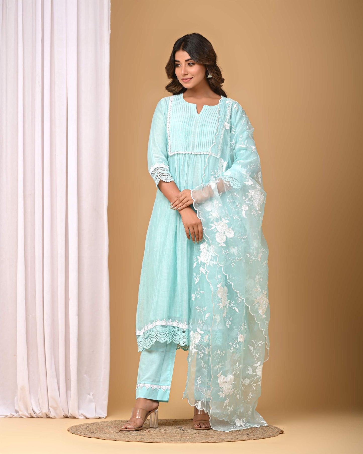 Sea Green Pintucks Suit set with embroidered Organza Dupatta
