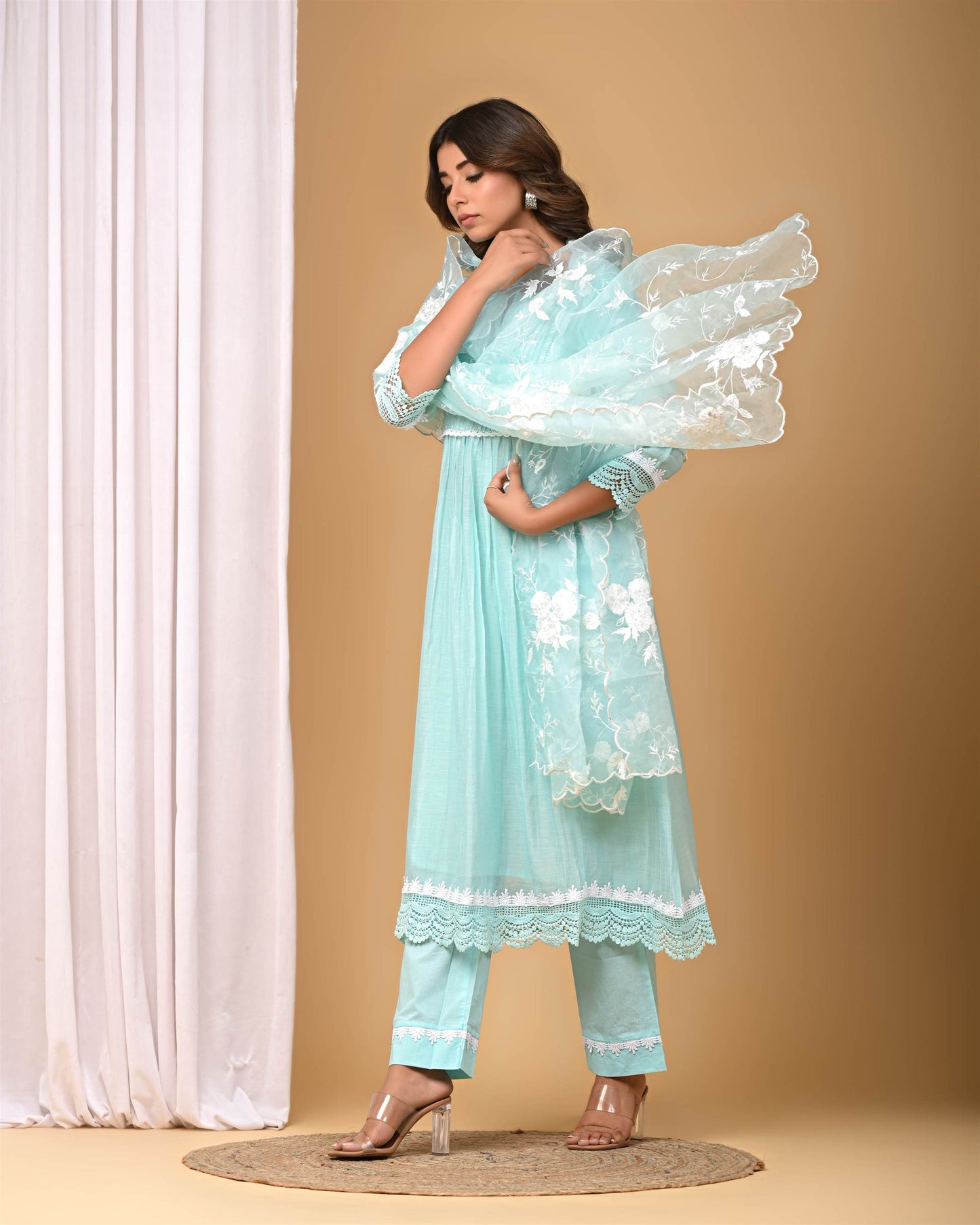 Sea Green Pintucks Suit set with embroidered Organza Dupatta