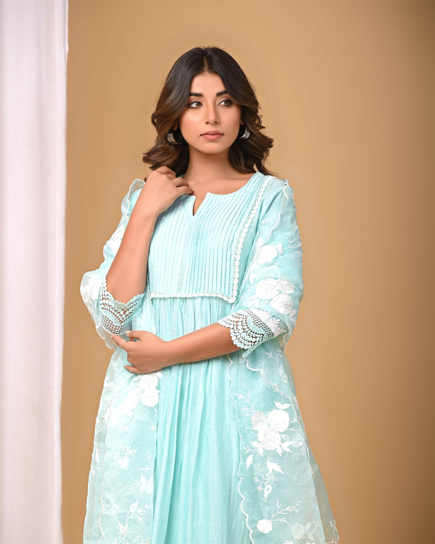 Sea Green Pintucks Suit set with embroidered Organza Dupatta