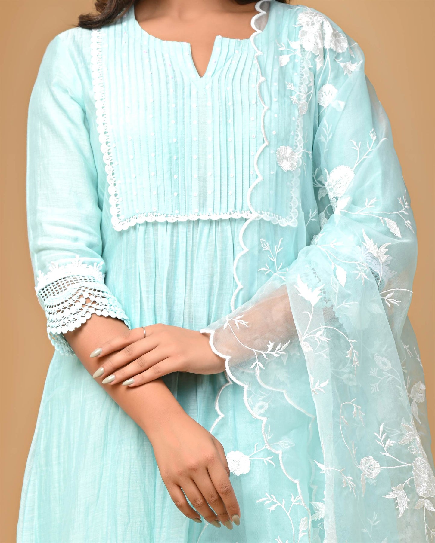 Sea Green Pintucks Suit set with embroidered Organza Dupatta