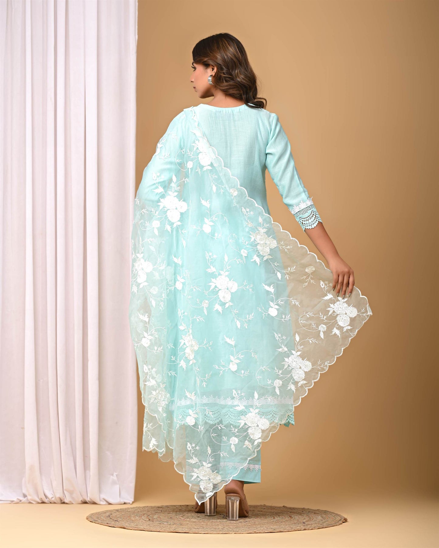 Sea Green Pintucks Suit set with embroidered Organza Dupatta