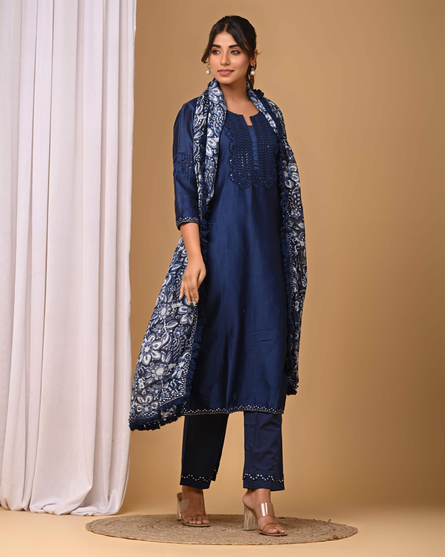 Navy Straight suit set with Chiffon dupatta