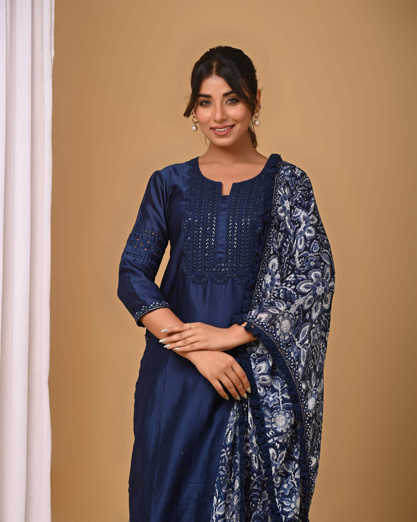 Navy Straight suit set with Chiffon dupatta
