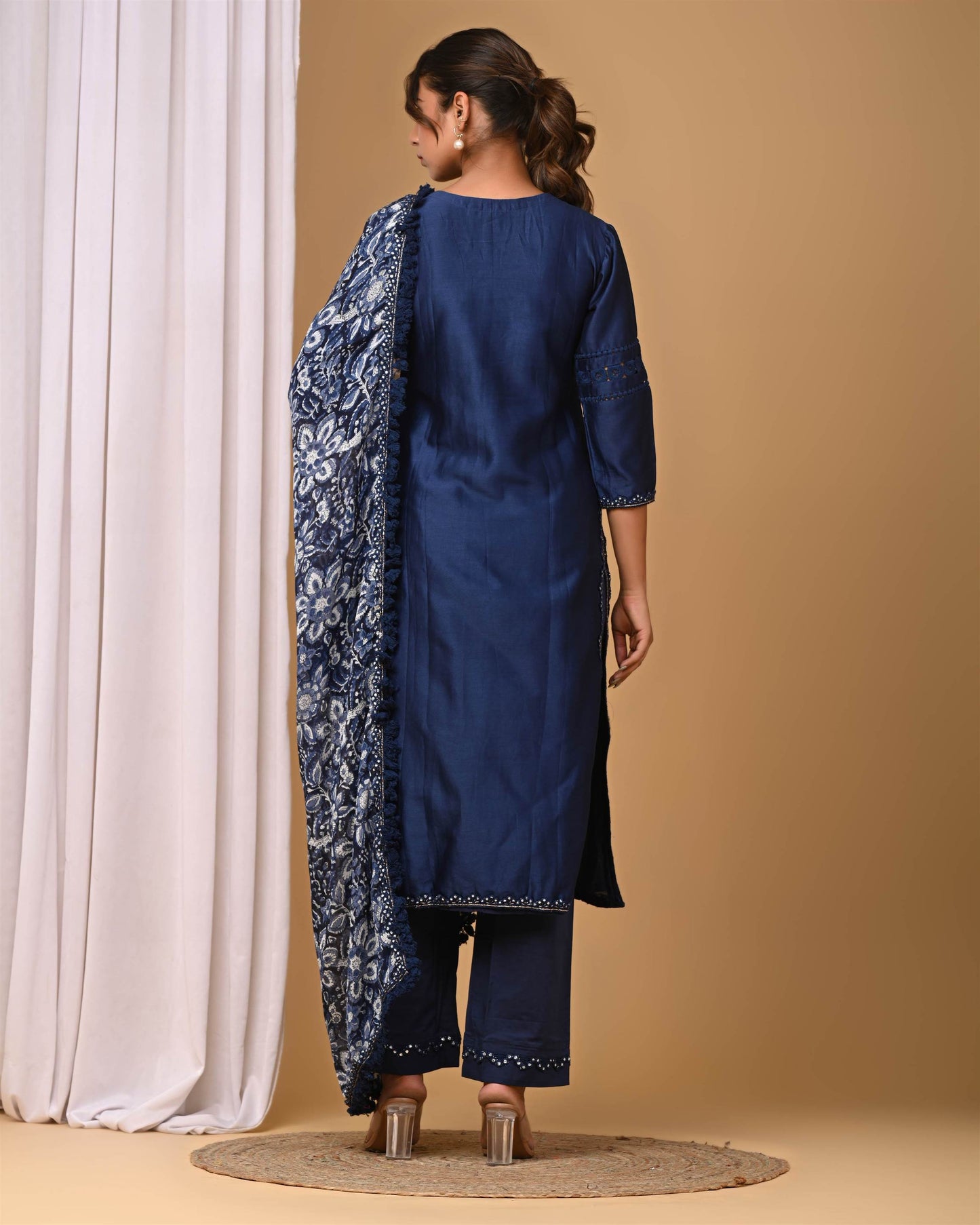 Navy Straight suit set with Chiffon dupatta